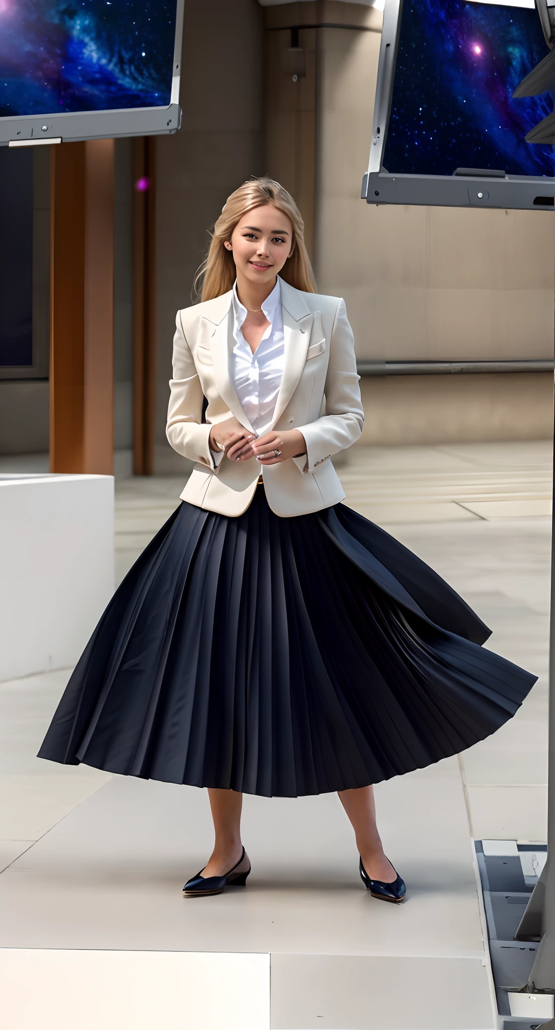 (shy:1,2) (smiling;1,1) woman playing with skirt, dancing, wearing short blazer and very very detailed (long (fully pleated) full circle skirt) and (simple) low heeled office shoes, very very intricate hyper-detailed symmetric (attractive graceful young feminine face) with (sad, tired eyes and a shy smile), large breasts, full of empathy and compassion and love, (pronounced (feminine) features), (highly detailed ultra accurate realistic) hands and fingers, (windy conditions and wind blowing), epic composition, highly detailed attributes, highly detailed space station background, (35mm f1.4 Kodak portra 400 photograph), extremely high quality RAW photograph,