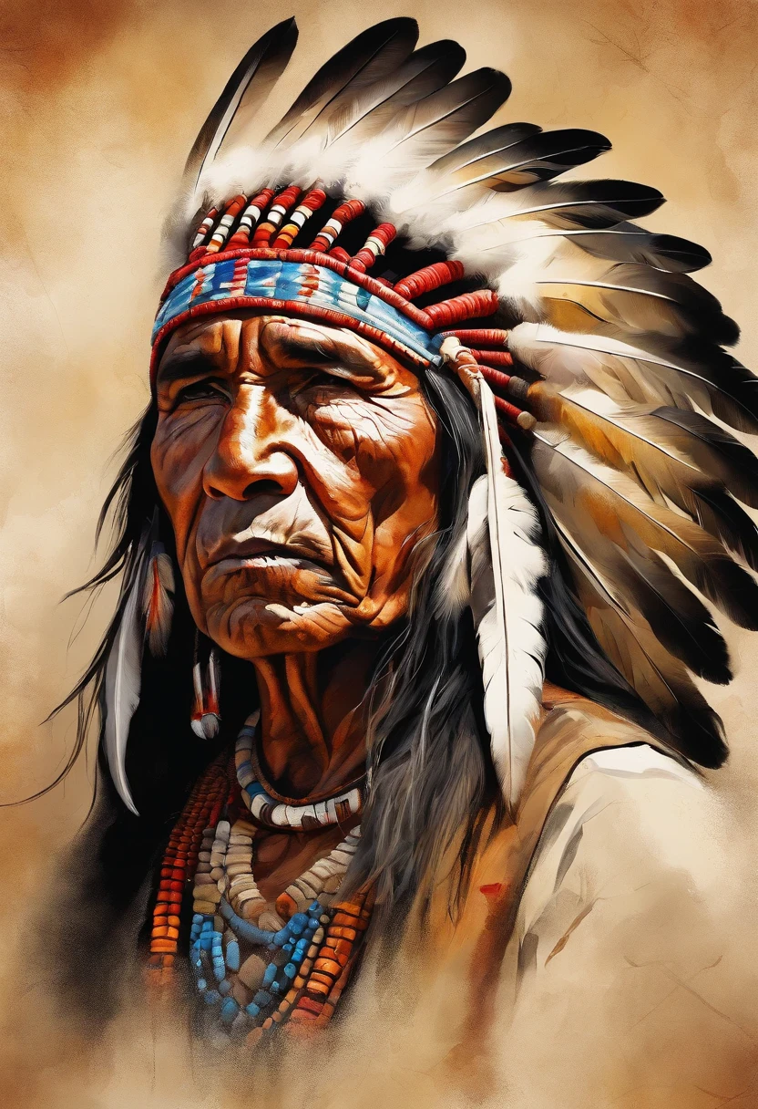 ultra detailed artistic photography, Native American male Apache, You're Pee Pee, sorrow, dreamer, The vibrant, Backlight, eye shadow, canvas, Butter, Smooth, extra high resolution, 8K, ultra sharp focus, intricate artwork, flowing clothes, higly detailed, Vibrants, Produced Cinematic Character Render, ultra high quality model