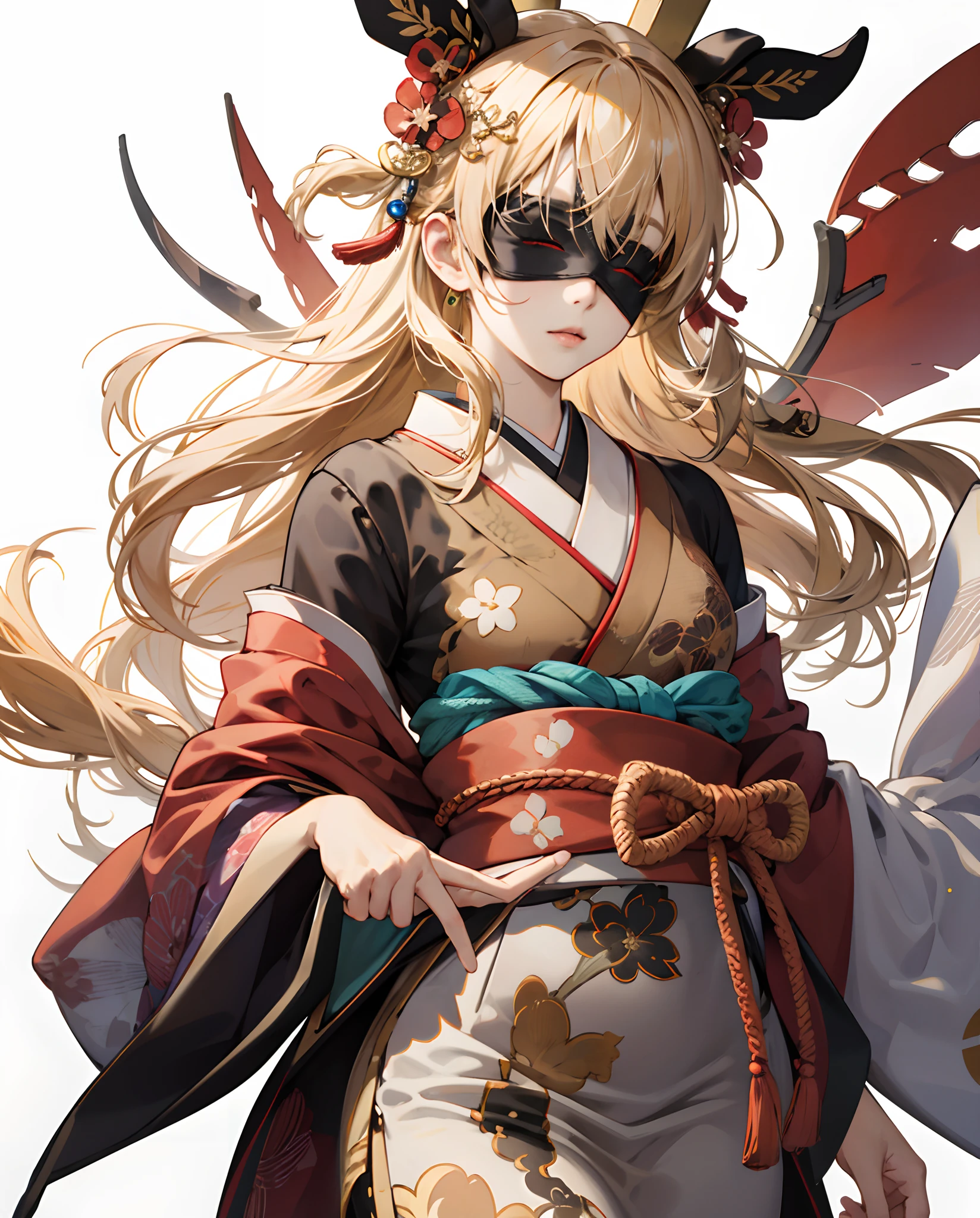 female pervert、Japanese dress、Gold hair ornament、blindfolds、White background