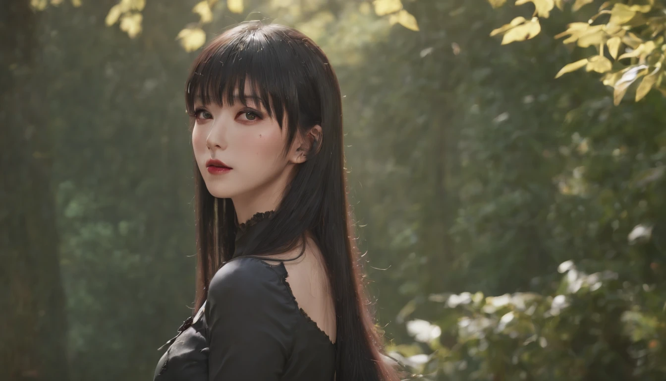 senjumaru shutara, (long hair, bangs, blunt bangs, black hair, sidelocks:1.5), (black eyes:1.5), makeup, lipstick, red lipstick, mechanical arms, sweating, glowing eyes, heavy breathing, breasts, 1girl, navel, cleavage, bare_shoulders, looking_at_viewer, solo, pants, large_breasts, standing, tattoo, long_sleeves, thighs, floating_hair, tree, toned, "Photorealistic, Hyperrealistic, Hyperdetailed, analog style, soft lighting, subsurface scattering, realistic, heavy shadow, masterpiece, best quality, ultra realistic, 8k, golden ratio, Intricate, High Detail, film photography, soft focus", sweating, steaming body, fog, (anime coloring, anime screencap:1.5)