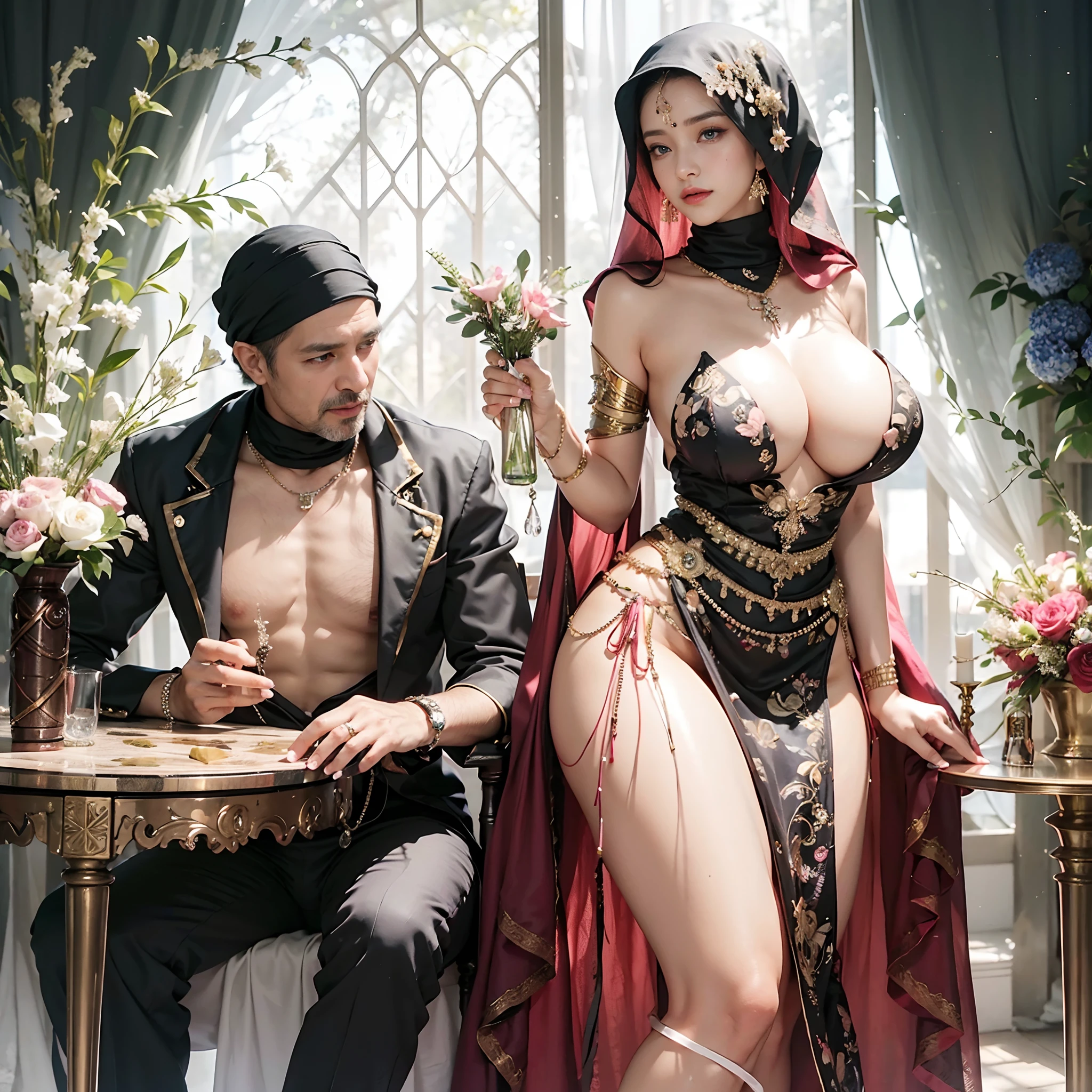 (beautifull muslim lady, wear luxury strapless kebaya, wear hijab), and (her handsome father), (luxury table and flower vase), (parfume bottle), (candle on table), (show cleaveage), (show underboobs) ,(show sideboobs), (show thigh), (detailed flower hairpin), detail flower background, beautifull face, pretty face, beautifull eyes, beautifull nose, sexy lips, pink nails, raytracing, nsfw, beautifull fingers, beautifull hands, sexy belly, sexy body, sexy shoulders, sexy legs, sexy hips, (luxury bracelet), (luxury ring), (luxury necklace), beautifull nails , blue eye, (4 fingers in 1 hand), white skin, full body picture, pretty makeup, good lighting, realistic shadow, professional photography, 4k resolution, perfect anatomy, ((sfw))