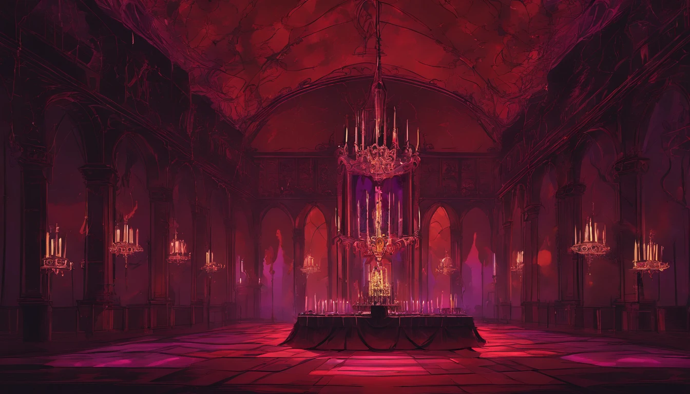 A demonic church dark shadowy dimly lit red and purple regal ball room with high chandeliers hanging from the ceiling. There is an open floor. There are masked people dancing waltz and a banquet. There is music playing. It is evil and sinister.