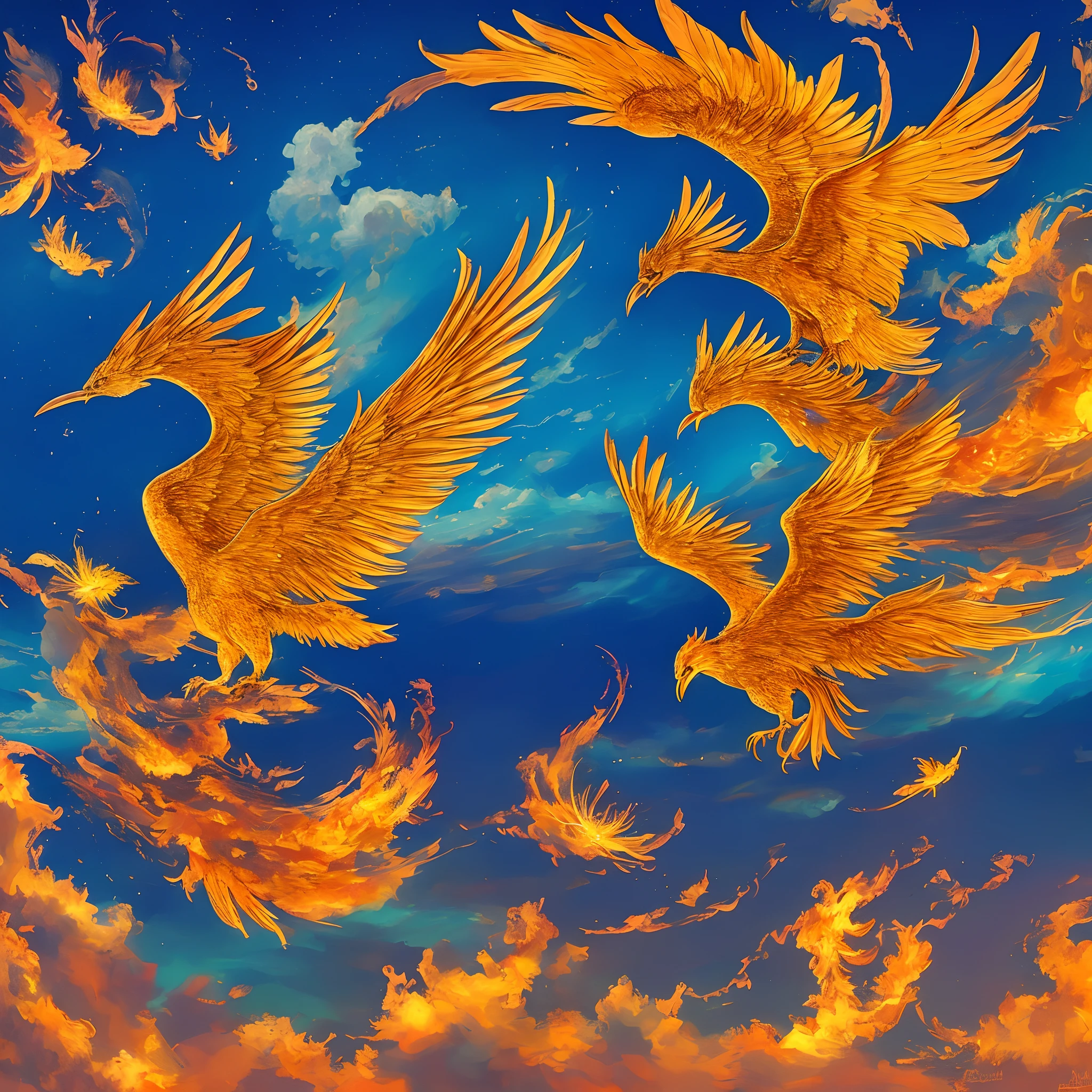 A majestic phoenix-shaped ship soaring through the clouds, its wings spread wide, leaving a trail of golden embers in its wake. The ship is adorned with intricate carvings and shimmering feathers, exuding an ethereal glow. The clouds around it are painted with vibrant hues, creating a mesmerizing backdrop
