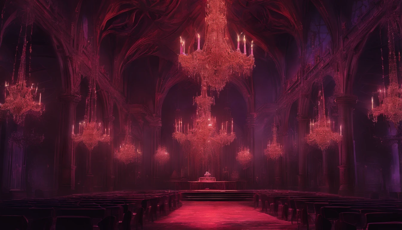 A demonic church dark shadowy dimly lit red and purple regal ball room with high chandeliers hanging from the ceiling. There is an open floor. There are masquerade masked people dancing waltz and a banquet. There is music playing. It is evil and sinister.