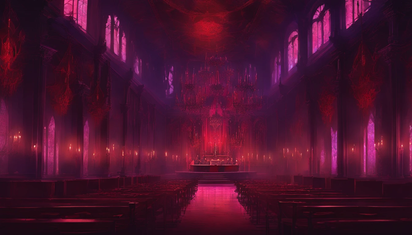 A demonic church dark shadowy dimly lit red and purple regal ball room with high chandeliers hanging from the ceiling. There is an open floor. There are masquerade masked people dancing waltz and a banquet. There is music playing. It is evil and sinister.