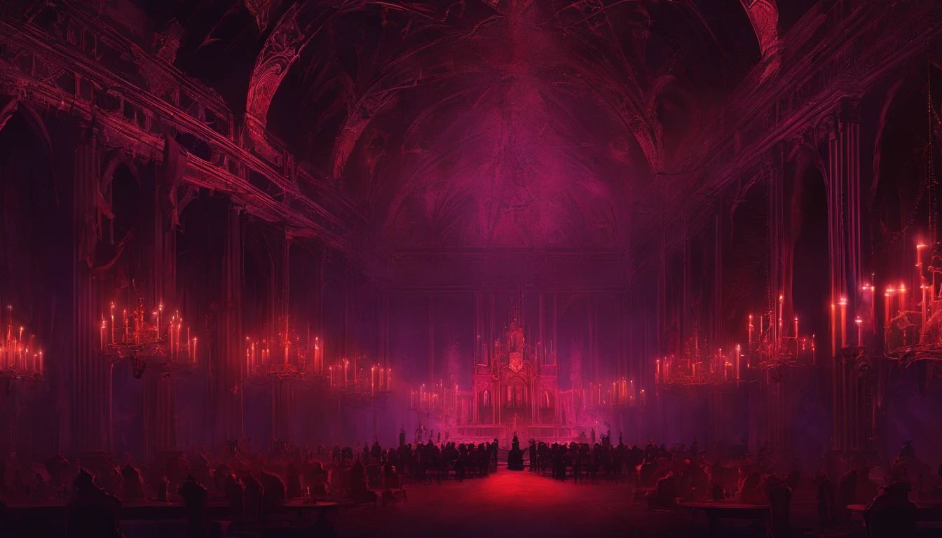 A demonic church dark shadowy dimly lit red and purple regal ball room with high chandeliers hanging from the ceiling. There is an open floor. There are masquerade masked people dancing waltz and a banquet. There is music playing. It is evil and sinister.