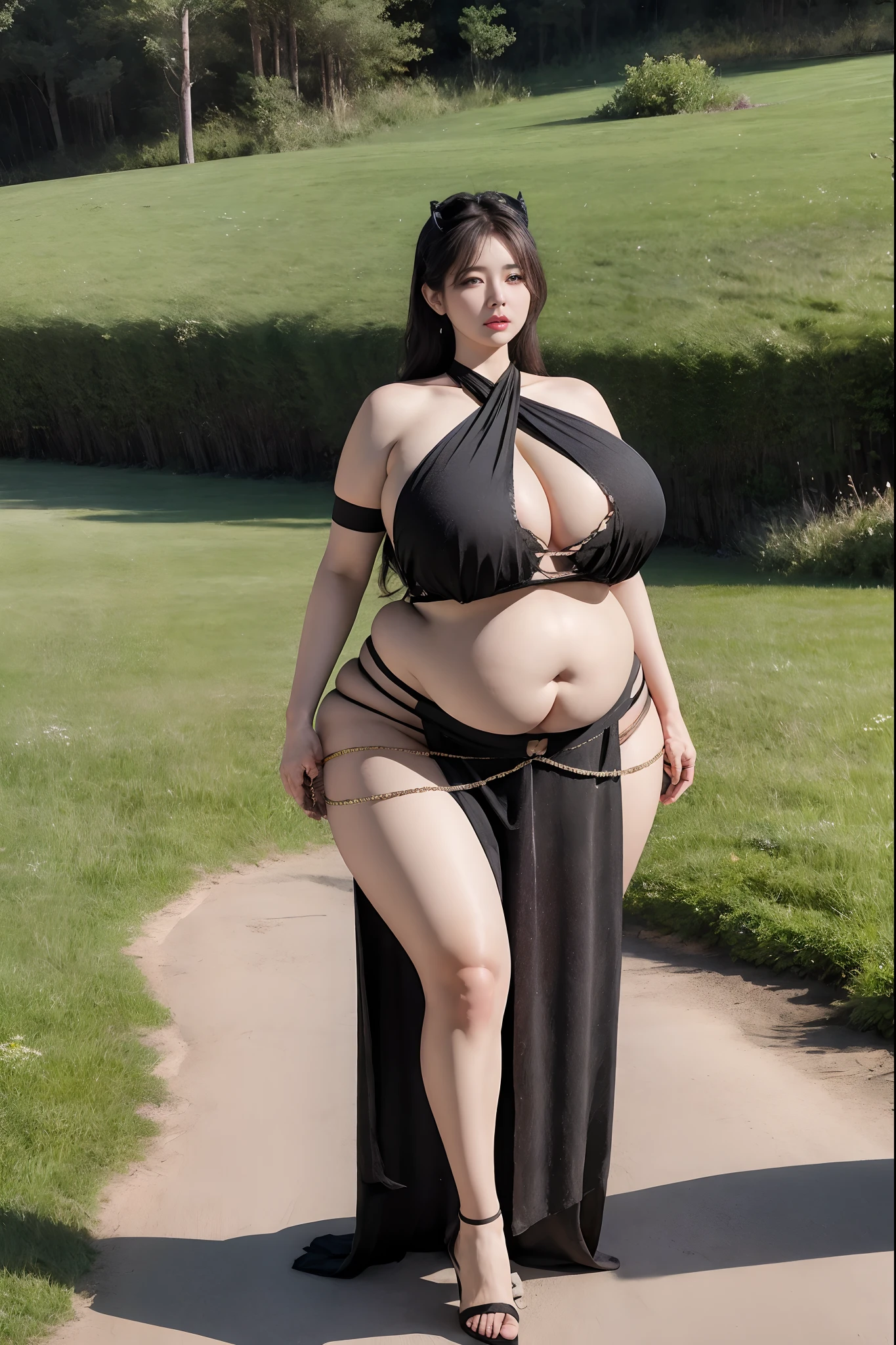 1girl,breasts,halterneck,pelvic curtain,underwear,chain,cropped arms,meadow,gigantic breasts, wide hips, thick thighs, huge ass, enormous huge natural breasts, cleavage, mature mom, breasts bursting out of clothes, giant fat belly