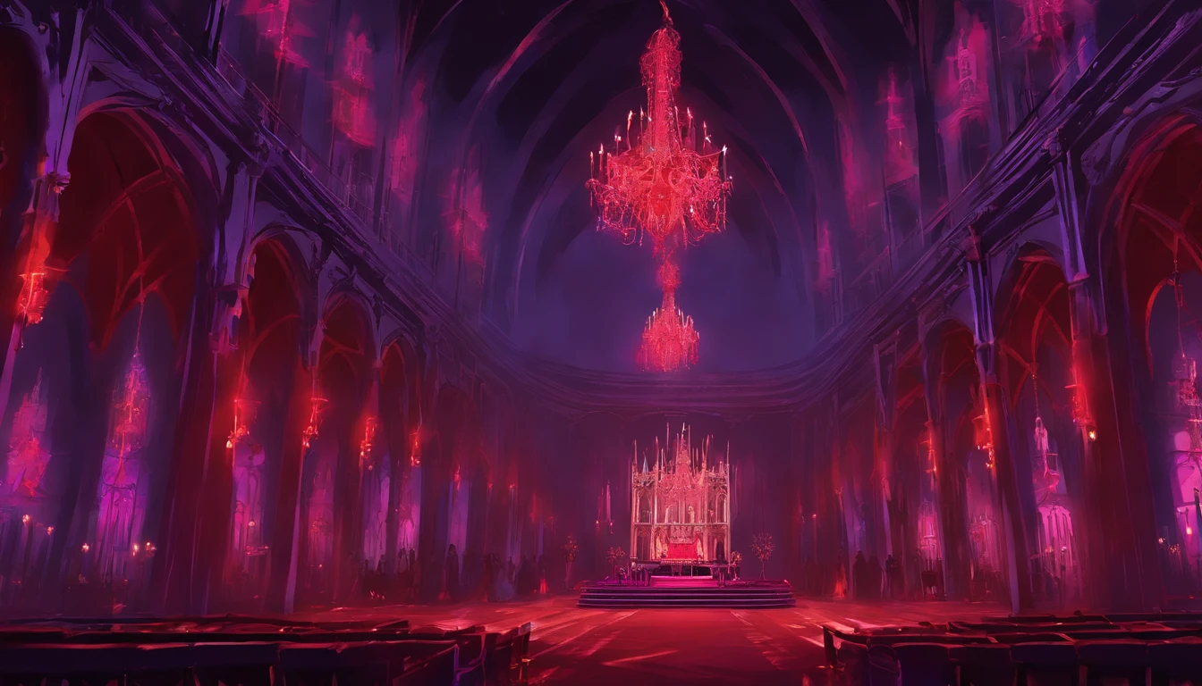 A demonic church dark shadowy dimly lit red and purple regal ball room with high chandeliers hanging from the ceiling. There is an open floor. There are masquerade masked people dancing waltz and a banquet. There is music playing. It is evil and sinister.