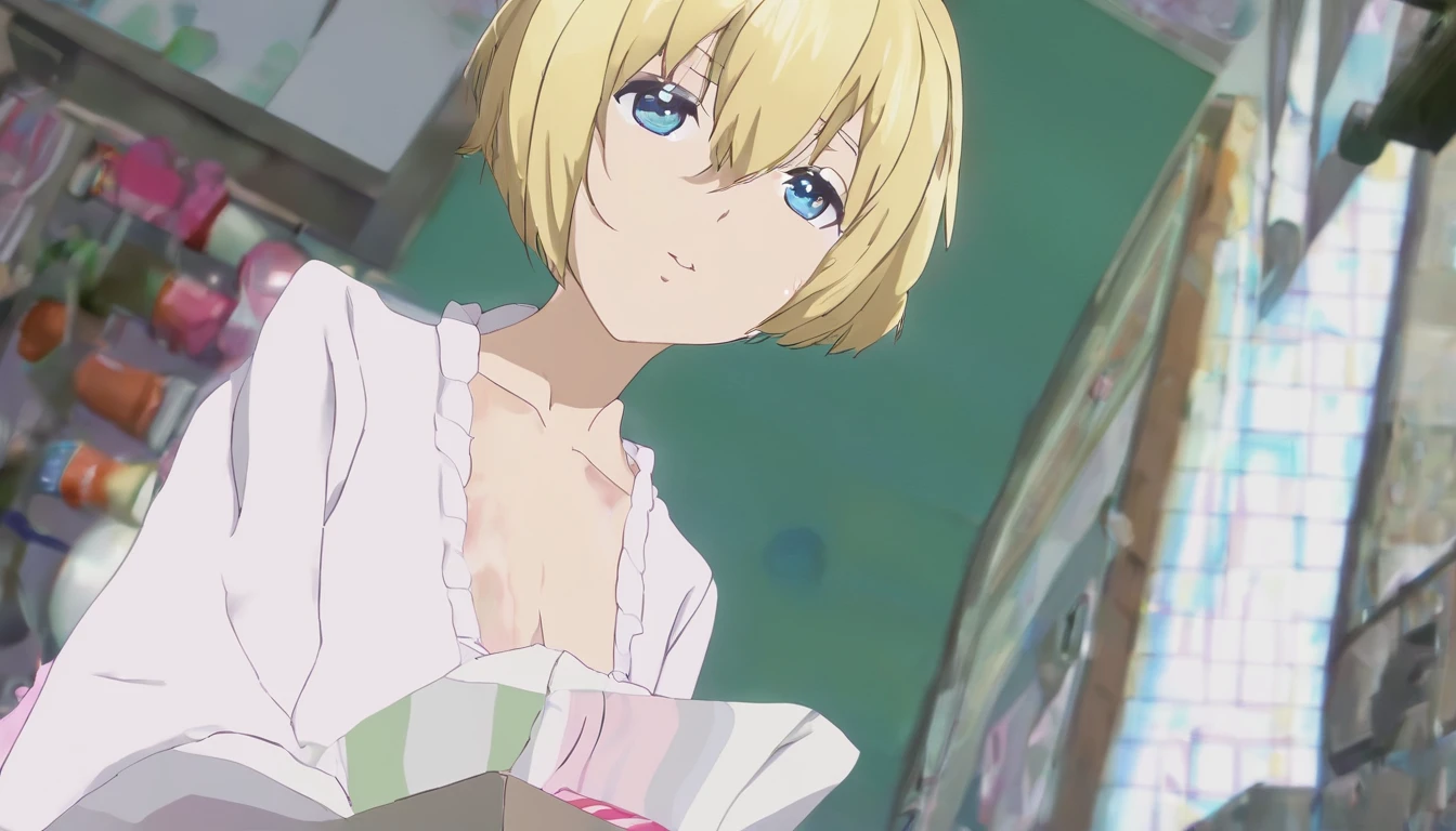 (short hair, blonde hair:1.5), blue eyes, sweating, glowing eyes, heavy breathing, breasts, 1girl, solo, looking_at_viewer, sitting, indoors, skirt, night, long_sleeves, ass, medium_breasts, jewelry, thighs, dutch_angle, pantyhose, chair, window, leaning_forward, large_breasts, blush, "Photorealistic, Hyperrealistic, Hyperdetailed, analog style, soft lighting, subsurface scattering, realistic, heavy shadow, masterpiece, best quality, ultra realistic, 8k, golden ratio, Intricate, High Detail, film photography, soft focus", sweating, steaming body, fog, (anime coloring, anime screencap:1.5)