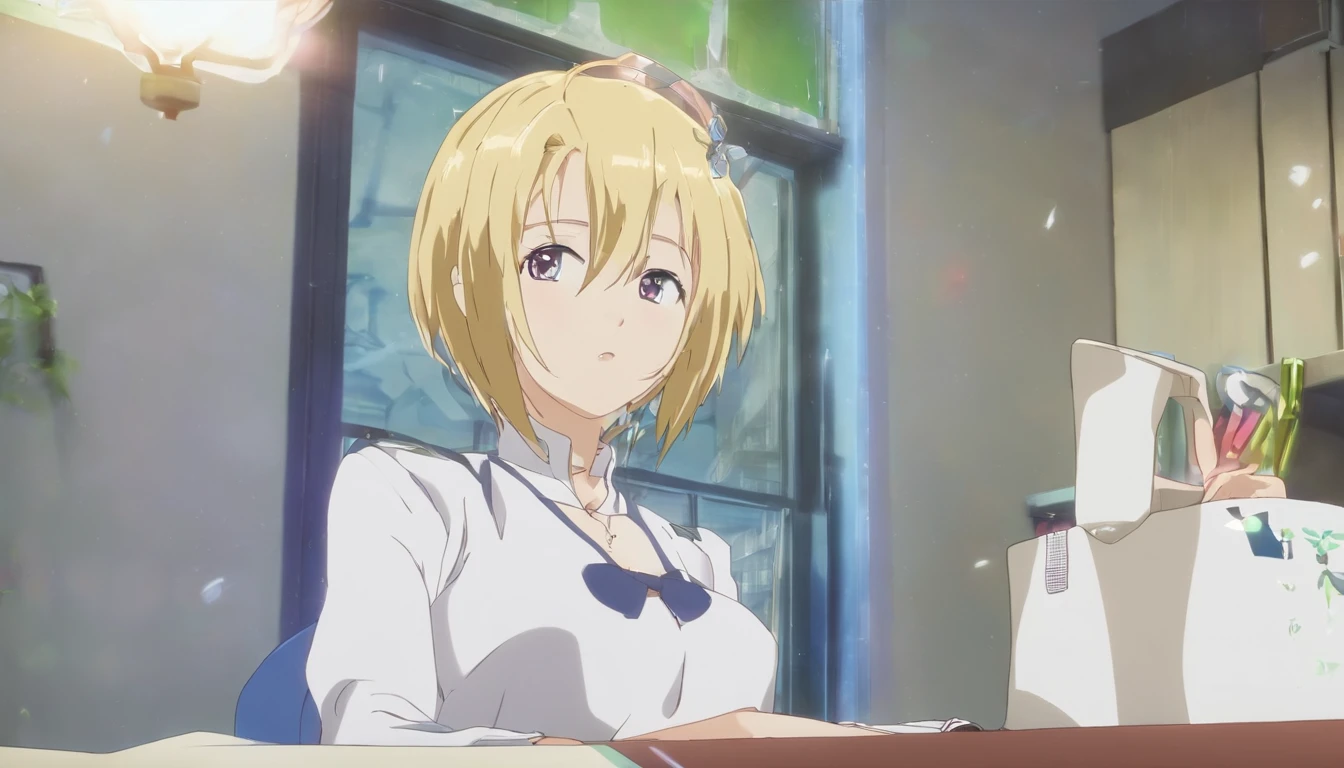 (short hair, blonde hair:1.5), blue eyes, sweating, glowing eyes, heavy breathing, breasts, 1girl, solo, looking_at_viewer, sitting, indoors, skirt, night, long_sleeves, ass, medium_breasts, jewelry, thighs, dutch_angle, pantyhose, chair, window, leaning_forward, large_breasts, blush, "Photorealistic, Hyperrealistic, Hyperdetailed, analog style, soft lighting, subsurface scattering, realistic, heavy shadow, masterpiece, best quality, ultra realistic, 8k, golden ratio, Intricate, High Detail, film photography, soft focus", sweating, steaming body, fog, (anime coloring, anime screencap:1.5)