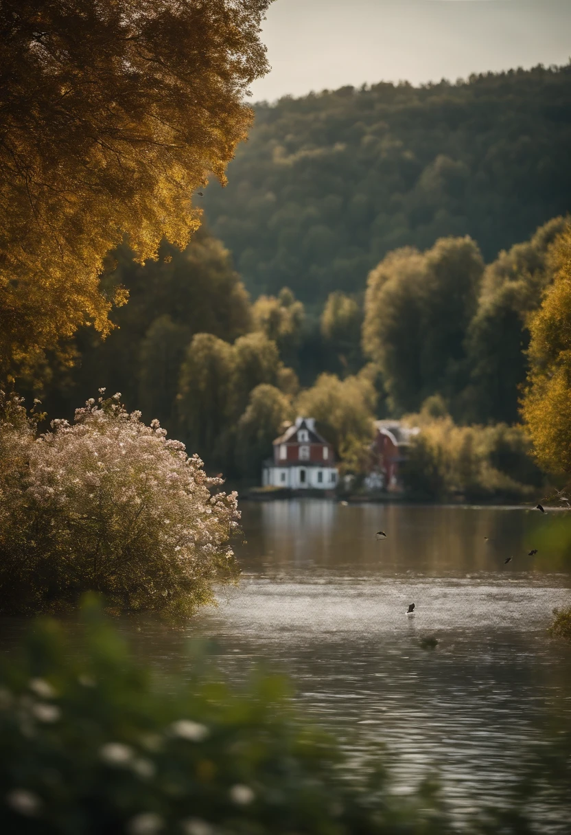 Please create a realistic image of nature full of trees and flowers, a house in the background, and a river, during the day, and with birds.