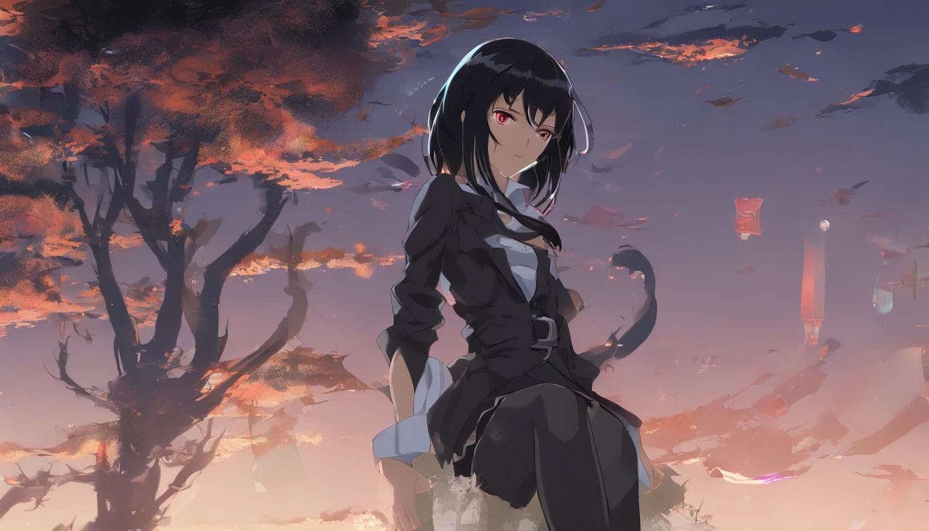 senjumaru shutara, (long hair, bangs, blunt bangs, black hair, sidelocks:1.5), (black eyes:1.5), makeup, lipstick, red lipstick, mechanical arms, sweating, glowing eyes, heavy breathing, breasts, 1girl, navel, cleavage, bare_shoulders, looking_at_viewer, solo, pants, large_breasts, standing, tattoo, long_sleeves, thighs, floating_hair, tree, toned, "Photorealistic, Hyperrealistic, Hyperdetailed, analog style, soft lighting, subsurface scattering, realistic, heavy shadow, masterpiece, best quality, ultra realistic, 8k, golden ratio, Intricate, High Detail, film photography, soft focus", sweating, steaming body, fog, (anime coloring, anime screencap:1.5)