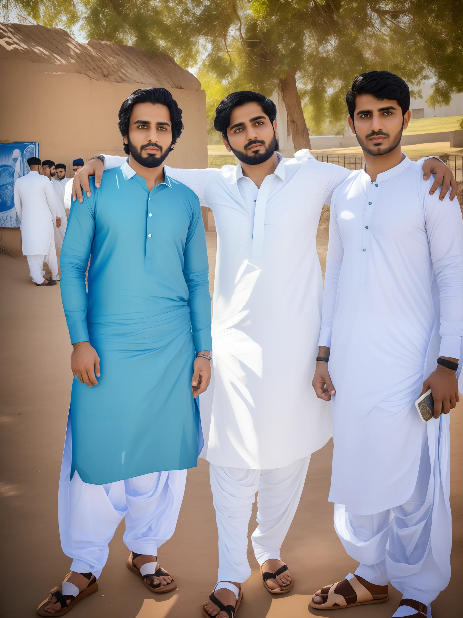 3 boys.3 Afghan boys.araffe man in blue cotton.white cotton.green cotton  standing in park sea view,  afghan male type, wearing a suit,  he is wearing a black and white, ,full body picture, around 27 years old, wearing a cotton kurta, handsome man,traditional clothes
