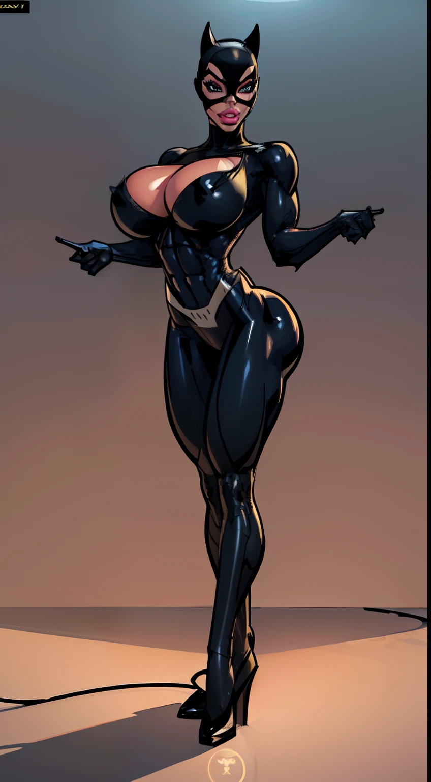 ((Catwoman)), dcau, (gigantic breasts:1.3) , (slendered abs:1.2), black bodysuit, mask over eyes, smirk, detailed, slim waist, masterpiece, thick legs, Athletic Body , ((gigantic breasts:1.2)) ((rim light:1.6)), ((character sheet)), standing straight, ((mask covers eyes)), ((covered breasts:1.3))