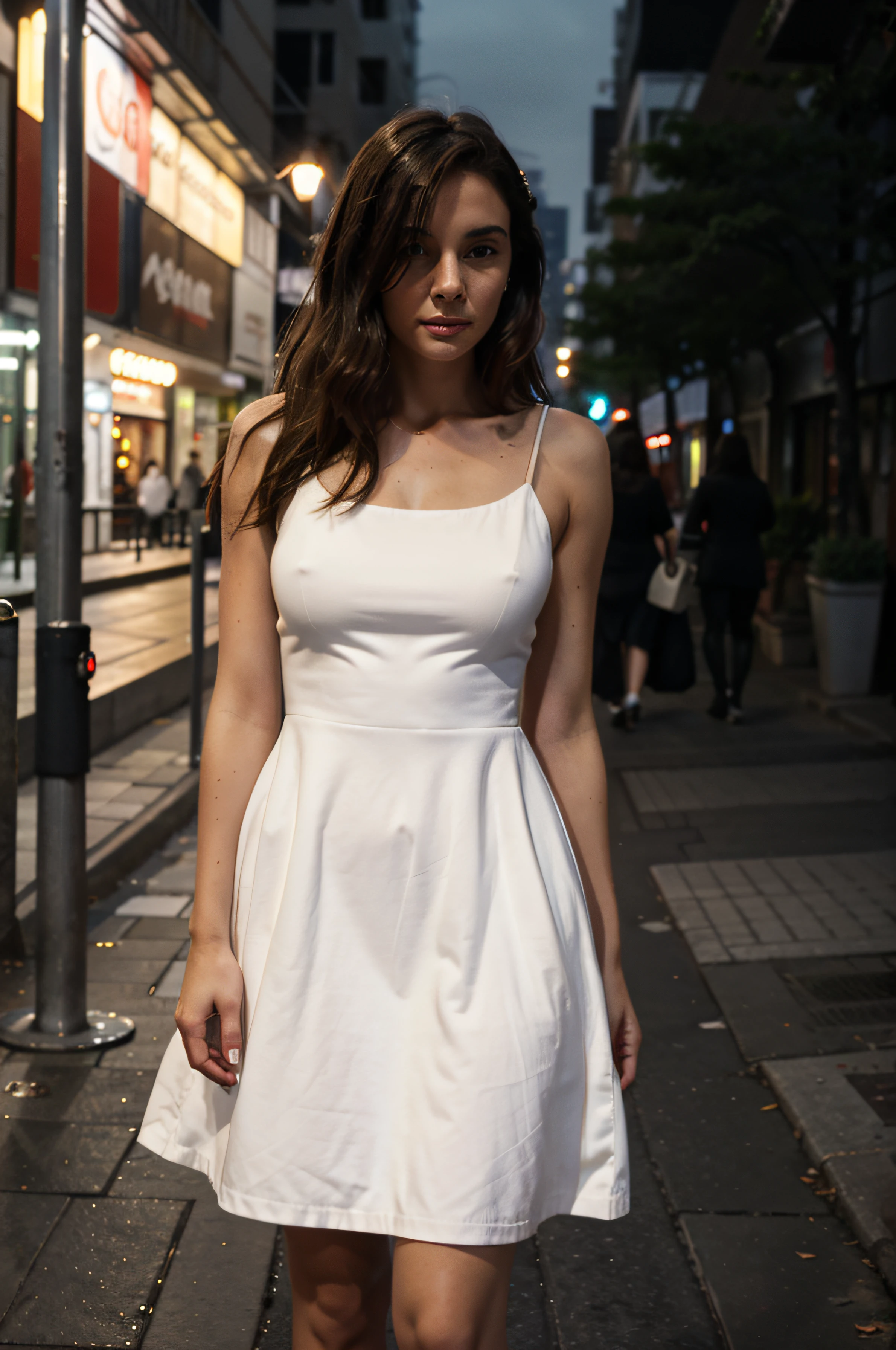 A poorly lit night photo of a woman outside in the city at night, short white dress