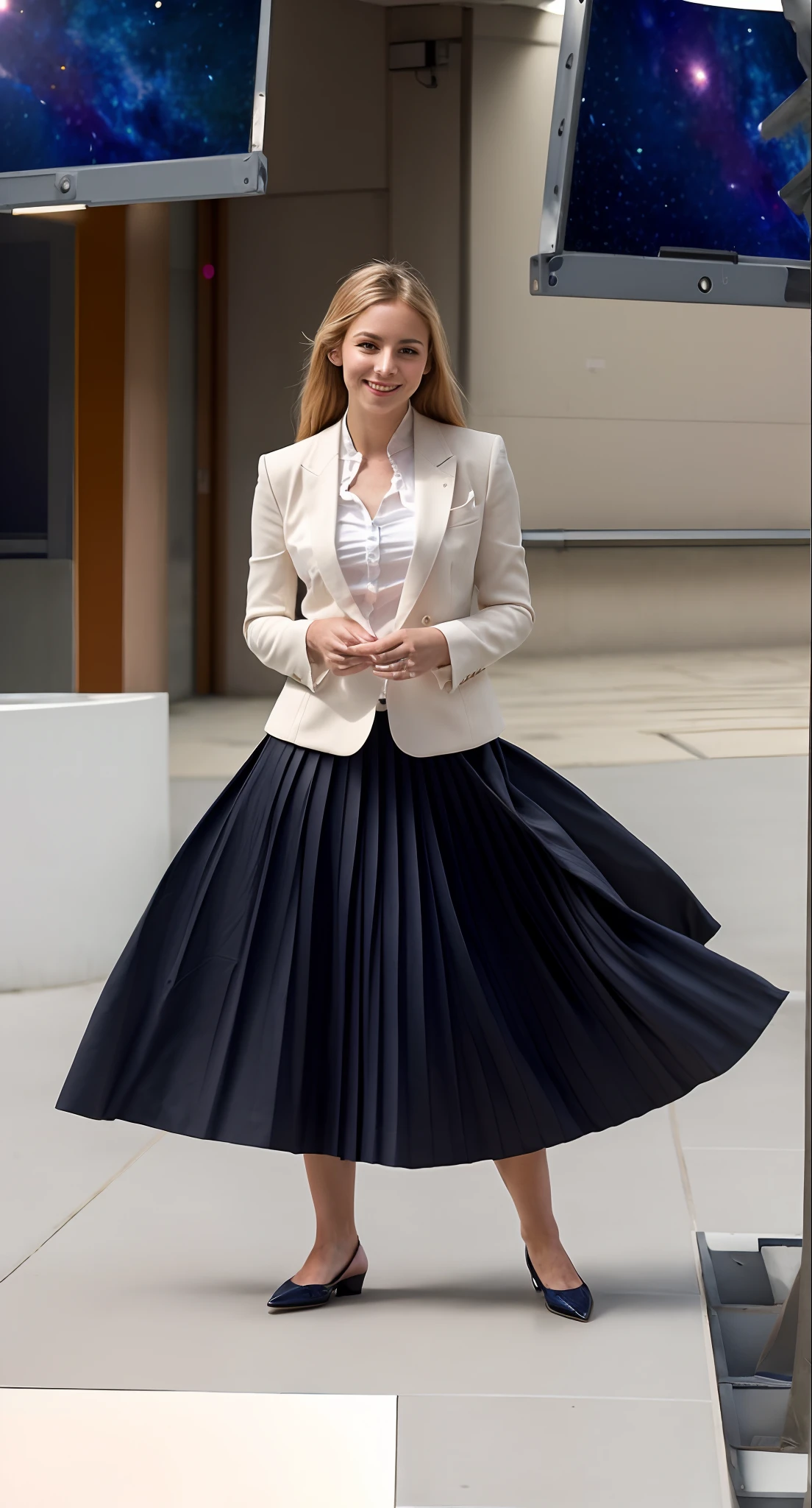 (shy:1,2) (smiling;1,1) woman playing with skirt, dancing, wearing short blazer and very very detailed (long (fully pleated) full circle skirt) and (simple) low heeled office shoes, very very intricate hyper-detailed symmetric (attractive graceful young feminine face) with (sad, tired eyes and a shy smile), large breasts, full of empathy and compassion and love, (pronounced (feminine) features), (highly detailed ultra accurate realistic) hands and fingers, (windy conditions and wind blowing), epic composition, highly detailed attributes, highly detailed space station background, (35mm f1.4 Kodak portra 400 photograph), extremely high quality RAW photograph,