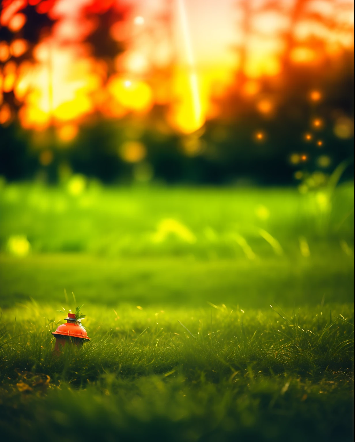 there is a red fire hydrant sitting in the middle of a grassy field, with a lush grass lawn, green spaces, sitting on green grass, lush and green, lush lawn, on a green lawn, very short depth of field, park background, on a green hill between trees, ground - level medium shot, in a large grassy green field, background blurred and neon lights in night