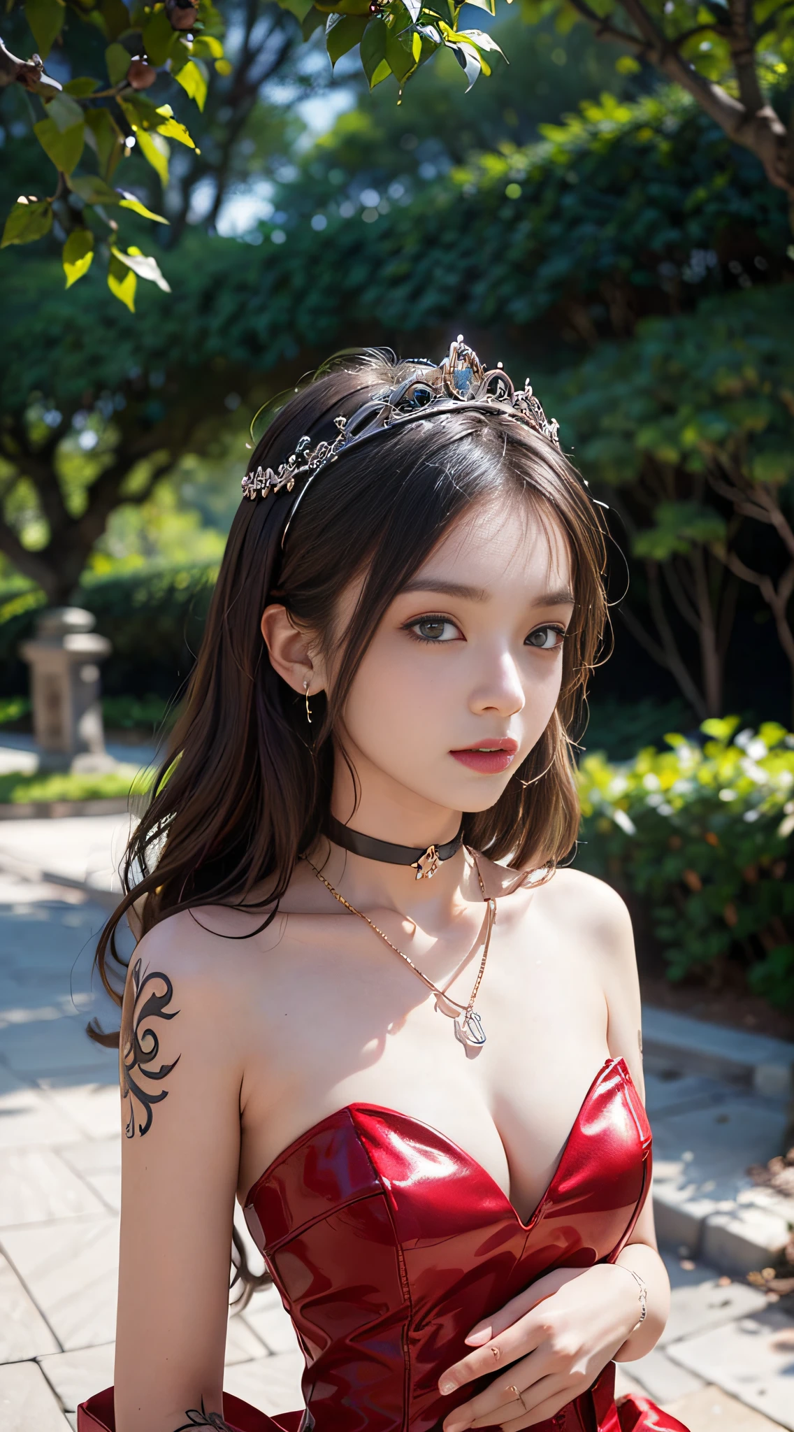 ((masterpiece:1.4)、(top-quality:1.4)、(reallistic:1.7))、masuter piece:1.4、(Top-of-the-line rendering:1.4)、Ultra-realistic portrait of the beautiful queen of Mars、Super beautiful girl queen、((1girl in:1.4))、Shiny natural skin texture、(Gorgeous Brilliant Queen Costumes:1.4)、(Outfits that emphasize beautiful breasts:1.4)、age19、(Cute tattoos:1.4)、(Perfect female body:1.4)、Portrait photo of a girl、(standingn:1.4)、(Upper body photo:1.4)、Fantasyart、Soft front light、beautiful countenance、Beautiful udder、large full breasts:1.2、Sexy ass、A detailed eye、Beautiful and attractive eyes、beautidful eyes、Narrow waist、beauty legs、Raw photo、red-lips、Red high heels、(tiarra:1.4、a choker:1.4、a necklace:1.4、耳Nipple Ring:1.4)、1 screen display、A super-beautiful queen strolling through the gardens of the Martian Kingdom Palace