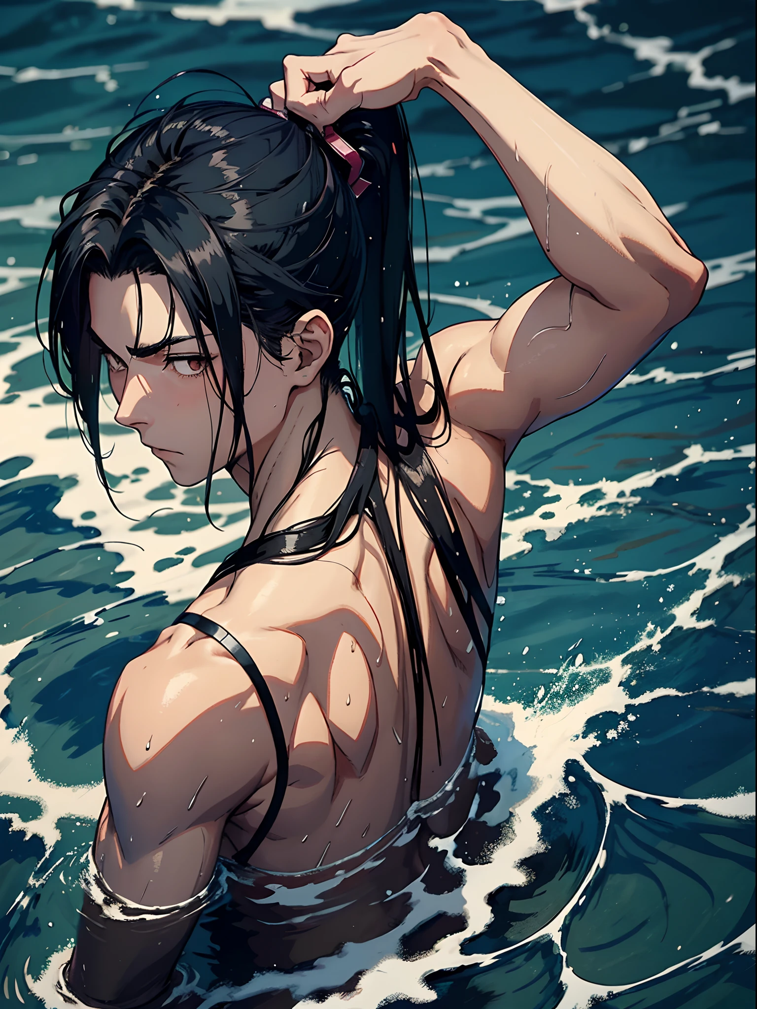 anime man with black hair, ponytail hairstyle, wet hair long strands of hair sticking to shoulderblades