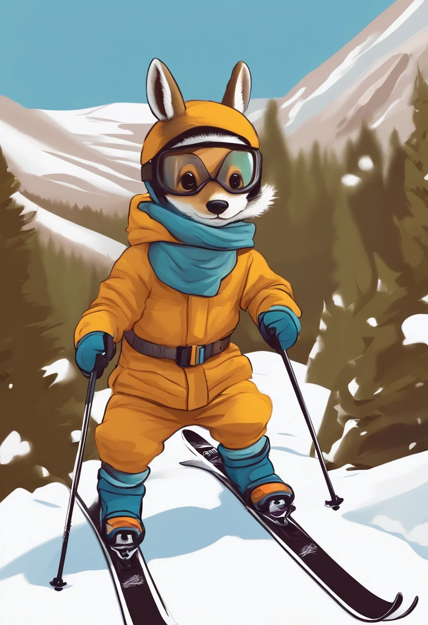 Baby chamois skiing cartoon style
