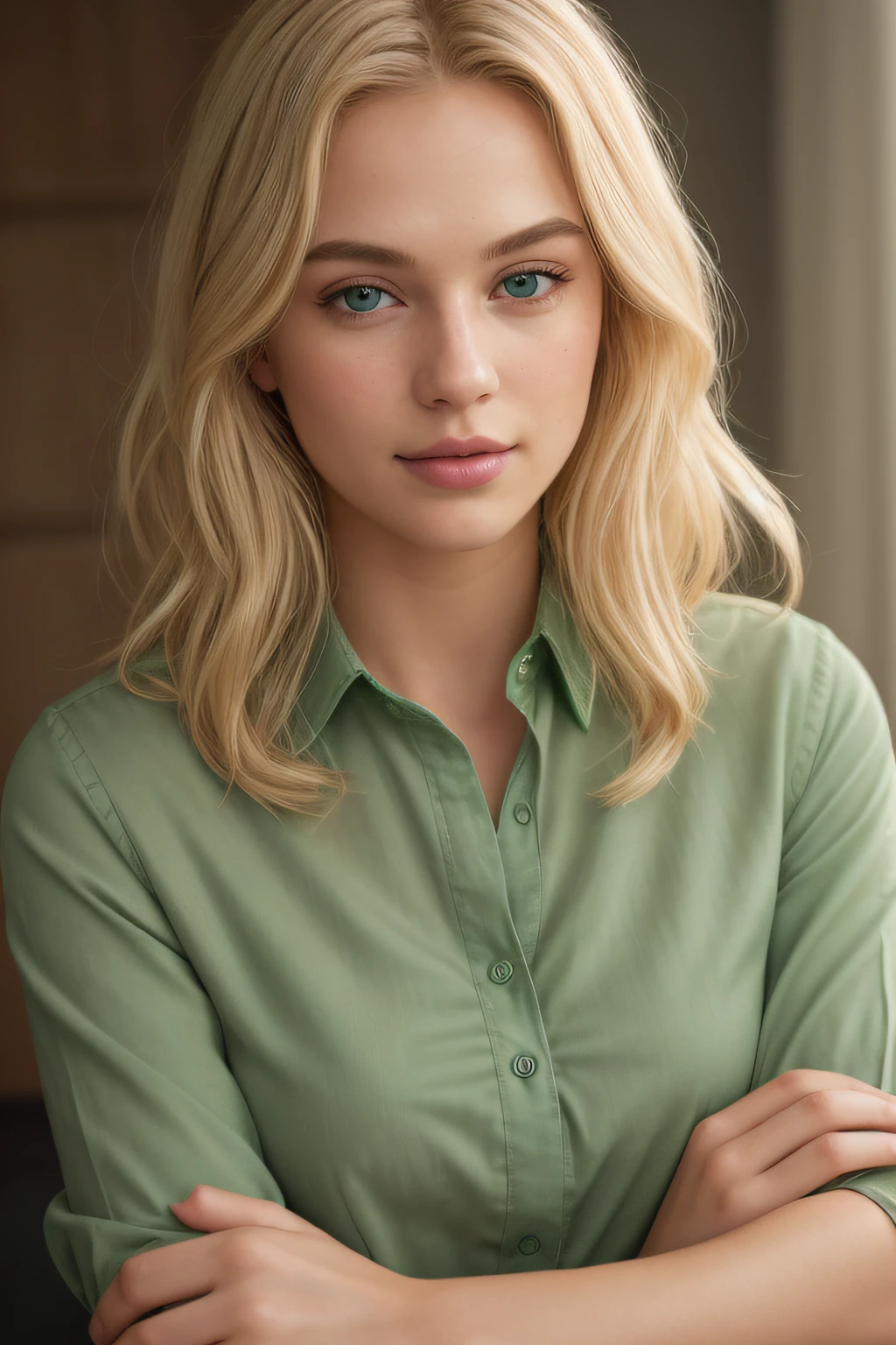 Photo brute, Portrait of a beautiful blonde woman wearing a green shirt (very detailed skin:1.2), 8K UHD, DSLR, softlighting, High quality, grain du film, Fujifilm XT3