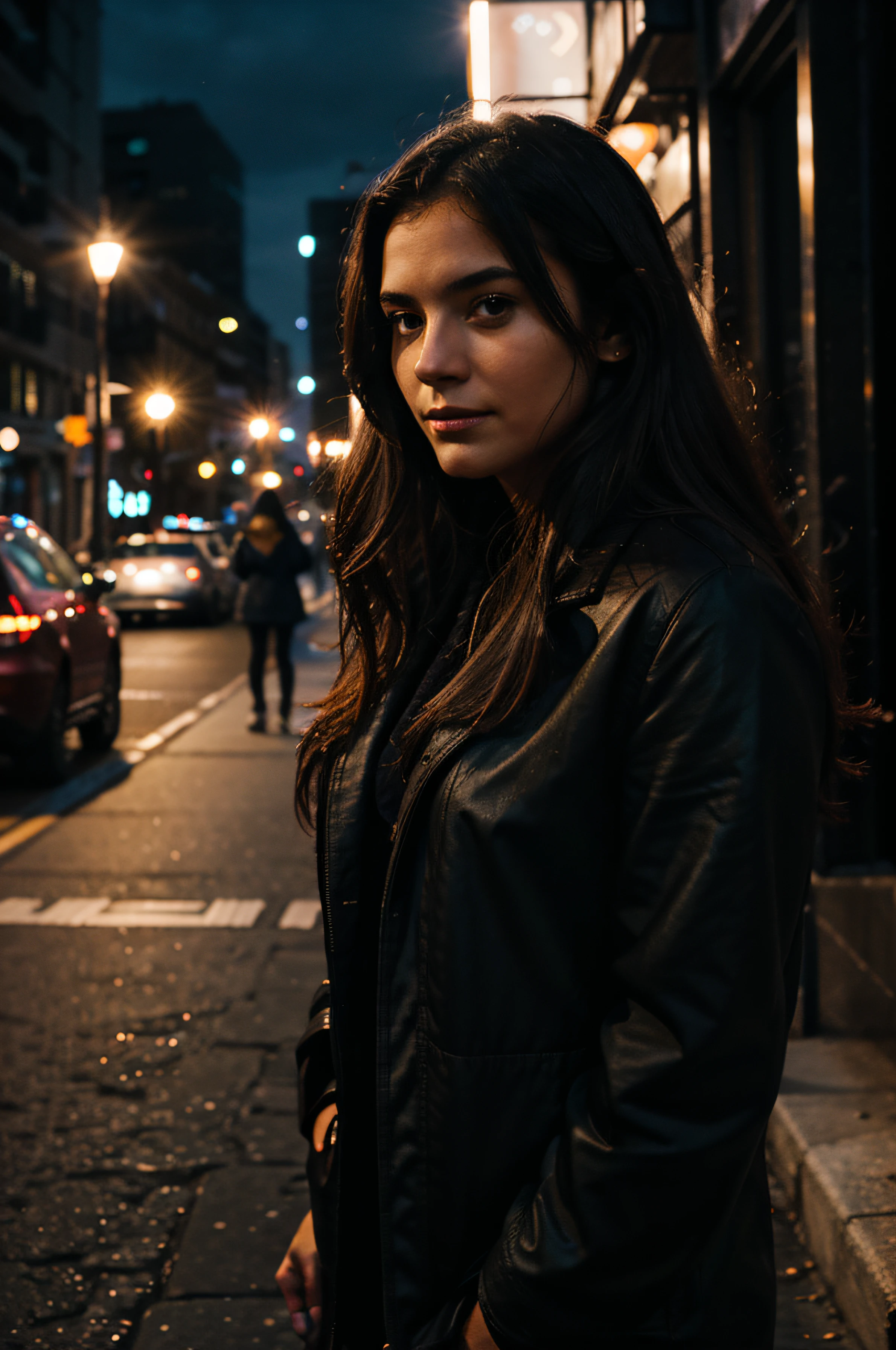 A poorly lit night photo of a woman outside in the city at night