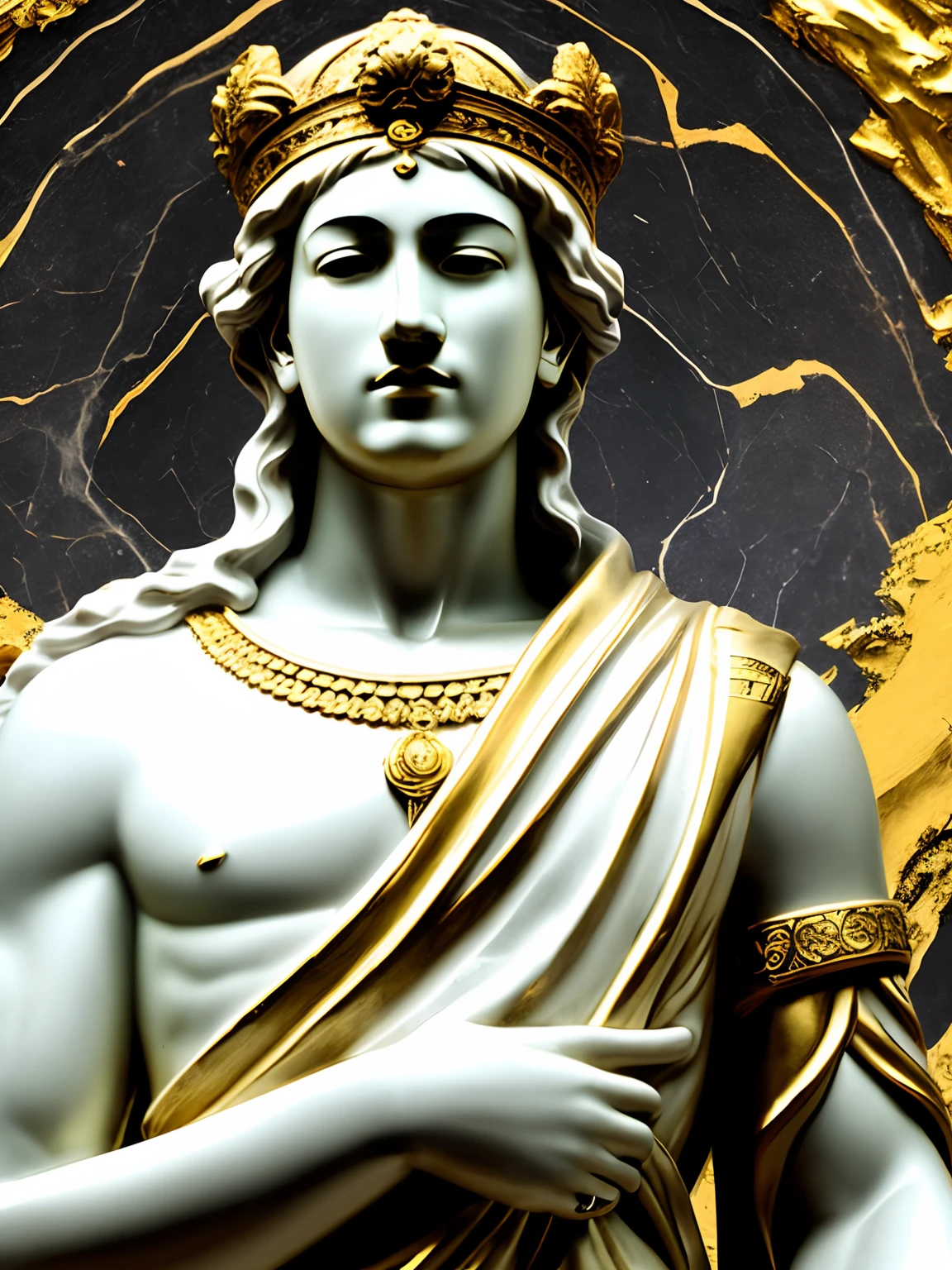 The hit song artist Joji but has a marble Greek statue with gold accents. Make it in the style of an album cover