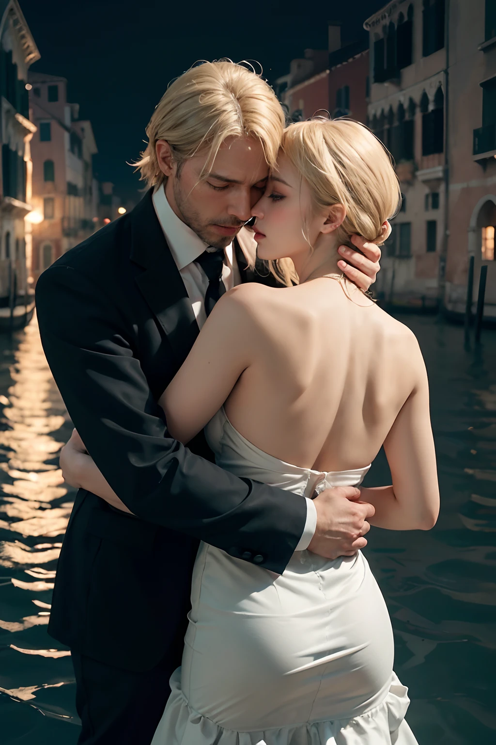 Blonde woman 30 y.o. and man, hug, love, romantic, venice, flamenco, tango, river, dark theme, soothing tones, muted colors, high contrast, (natural skin texture, hyperrealism, soft light, sharp)