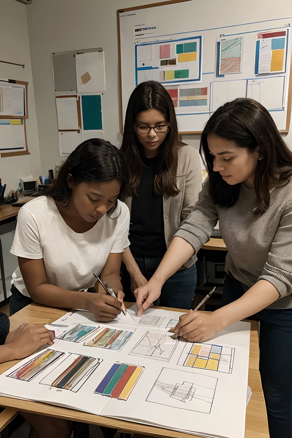 Photo of a diverse group of people collaboratively working on a design project, surrounded by sketches, art materials, and tools. In the background, there's a large chalkboard with interconnected diagrams representing a systemic, non-linear approach. Everyone is engaged in a passionate discussion, with a central figure pointing towards the board, emphasizing the importance of collaboration and understanding in design.