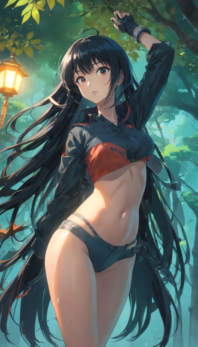 senjumaru shutara, (long hair, bangs, blunt bangs, black hair, sidelocks:1.5), (black eyes:1.5), makeup, lipstick, red lipstick, mechanical arms, sweating, glowing eyes, heavy breathing, breasts, 1girl, navel, cleavage, bare_shoulders, looking_at_viewer, solo, pants, large_breasts, standing, tattoo, long_sleeves, thighs, floating_hair, tree, toned, "Photorealistic, Hyperrealistic, Hyperdetailed, analog style, soft lighting, subsurface scattering, realistic, heavy shadow, masterpiece, best quality, ultra realistic, 8k, golden ratio, Intricate, High Detail, film photography, soft focus", sweating, steaming body, fog, (anime coloring, anime screencap:1.5)