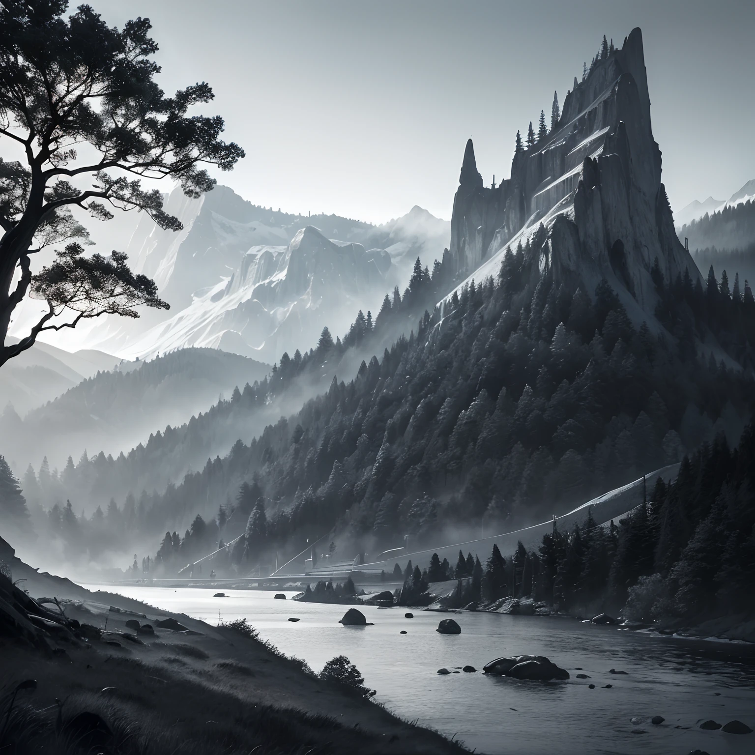 finest image, (8k, RAW photo, realistic), monochrome, landscape paintings, steep mountains, rivers, trees, cyber punk, fantasy, detailed and delicate depiction, professional lighting
