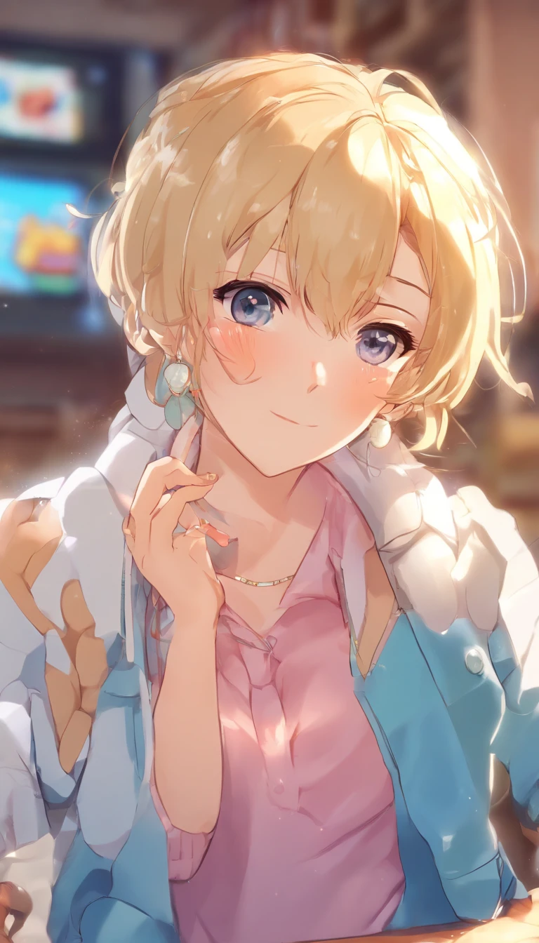 (short hair, blonde hair:1.5), blue eyes, sweating, glowing eyes, heavy breathing, breasts, 1girl, solo, looking_at_viewer, sitting, indoors, skirt, night, long_sleeves, ass, medium_breasts, jewelry, thighs, dutch_angle, pantyhose, chair, window, leaning_forward, large_breasts, blush, "Photorealistic, Hyperrealistic, Hyperdetailed, analog style, soft lighting, subsurface scattering, realistic, heavy shadow, masterpiece, best quality, ultra realistic, 8k, golden ratio, Intricate, High Detail, film photography, soft focus", sweating, steaming body, fog, (anime coloring, anime screencap:1.5)