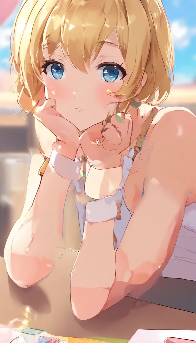 (short hair, blonde hair:1.5), blue eyes, sweating, glowing eyes, heavy breathing, breasts, 1girl, solo, looking_at_viewer, sitting, indoors, skirt, night, long_sleeves, ass, medium_breasts, jewelry, thighs, dutch_angle, pantyhose, chair, window, leaning_forward, large_breasts, blush, "Photorealistic, Hyperrealistic, Hyperdetailed, analog style, soft lighting, subsurface scattering, realistic, heavy shadow, masterpiece, best quality, ultra realistic, 8k, golden ratio, Intricate, High Detail, film photography, soft focus", sweating, steaming body, fog, (anime coloring, anime screencap:1.5)