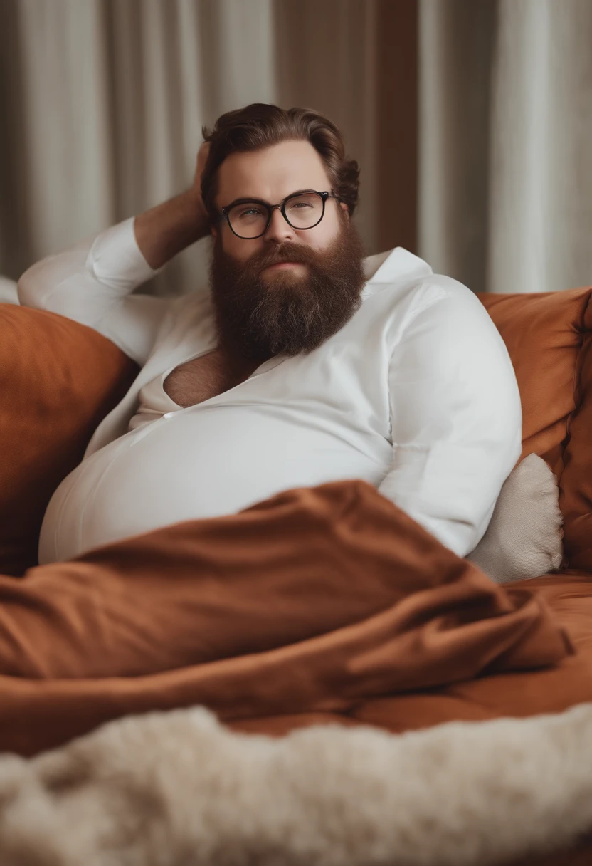 a soft, plump, thick, hairy man with a beard and glasses lies naked on the sofa, his penis is 15 cm