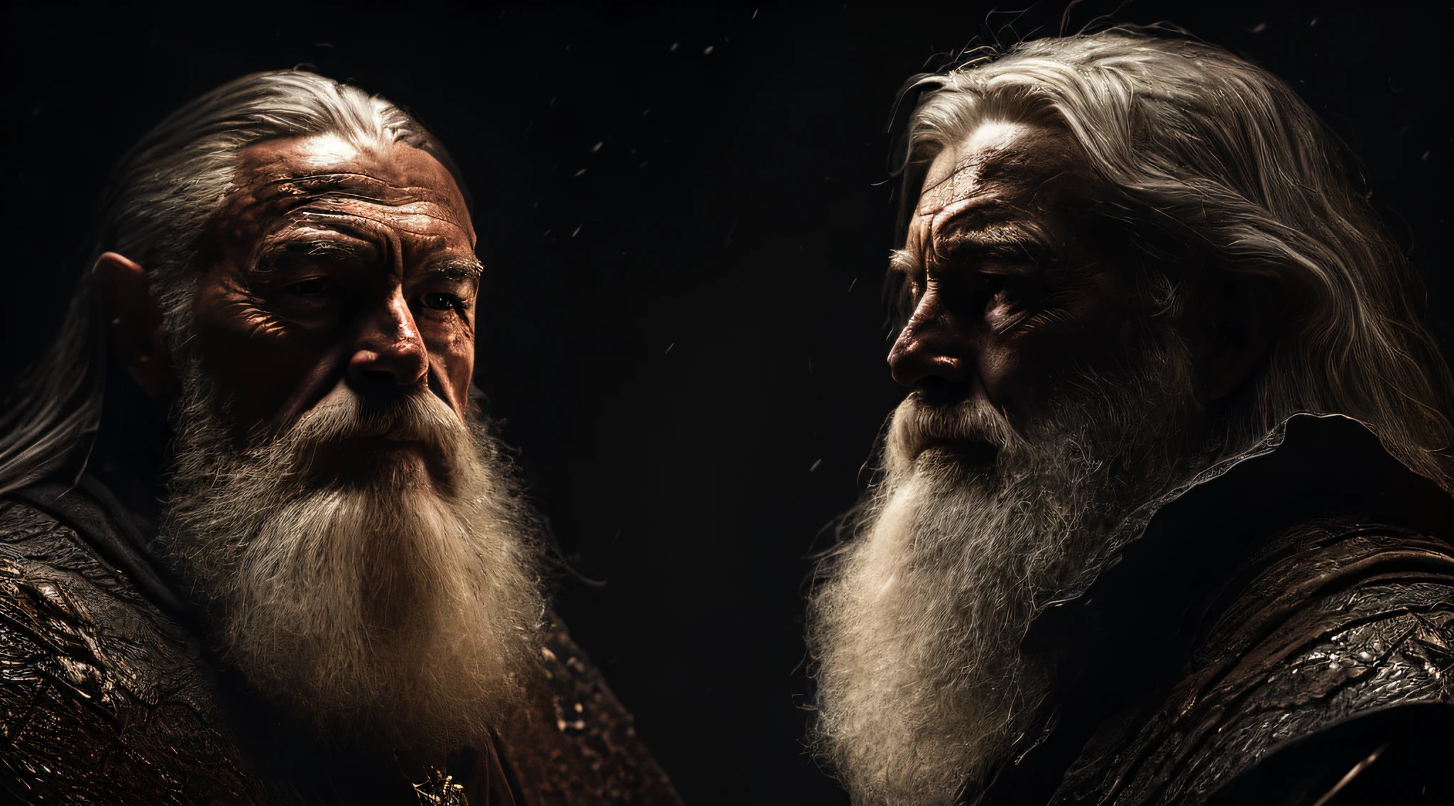 (Cinematic Photo:1.3) from (Ultra detailed:1.3) photo of the world's most beautiful artwork with smooth glossy, ((rugged muscular epic heroic fantasy of Gandalf the Btanco, in a dynamic posture)), chest, full face,(dark background:1.4) (realistic epic, hdr, intricate details, hyperdetailed, cinematic, rim light, muted: 1.5), ((fantastic location, majestic disordered environment)), skin pores, Very dark lighting, heavy shadows, detailed and detailed face, (realistic photo, dramatic, dark, sharp focus, 8k), (damaged old damaged leather dress: 1.5), (intricate: 1.4), decadent, (highly detailed: 1.4), octane rendering, sharp focus, heavy rain, floating particles, (Cinemacolor:1.3)