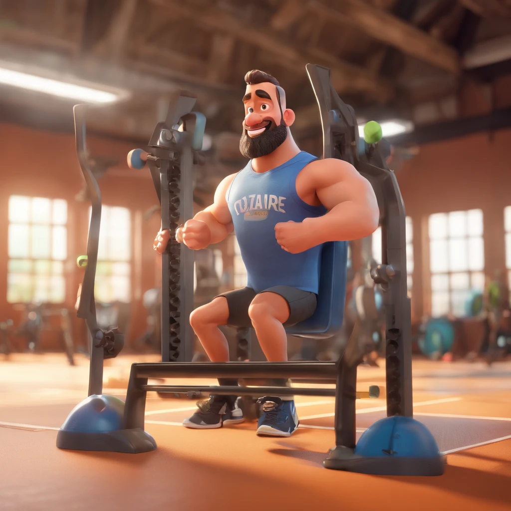 3D poster inspired by Pixar capturing a scene with a tall, Athletic and Strong caucasian 28-year-old man, Wearing a fitness tank, bald and black bearded, in the middle of his gym. He is focused on engaging with his Leg Press 45º machine , showcasing his joy in teaching weightlifting to his 3 students. The gym equipment in the background adds depth to the scene. Typography in Pixar animation style for the title of the image 'TREINADOR LUIZ MARTINS' on the top.