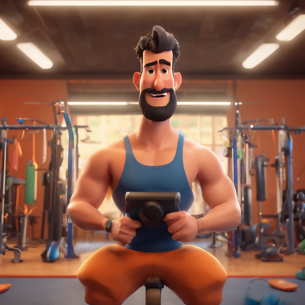 3D poster inspired by Pixar capturing a scene with a tall, Athletic and Strong caucasian 28-year-old man, Wearing a fitness tank, bald and black bearded, in the middle of his gym. He is focused on engaging with his Leg Press 45º machine , showcasing his joy in teaching weightlifting to his 3 students. The gym equipment in the background adds depth to the scene. Typography in Pixar animation style for the title of the image 'TREINADOR LUIZ MARTINS' on the top.
