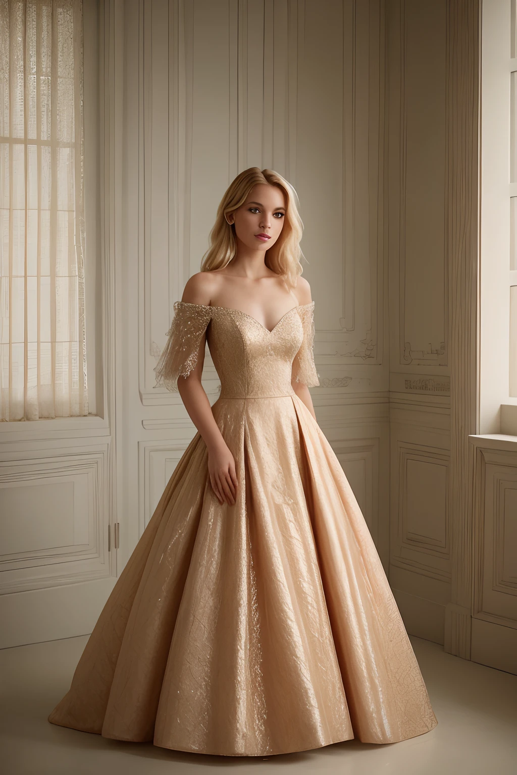 Photo brute, Portrait of a beautiful blonde woman wearing an evening dress (very detailed skin :1.2), 8K UHD, DSLR, softlighting, High quality, grain du film, Fujifilm XT3