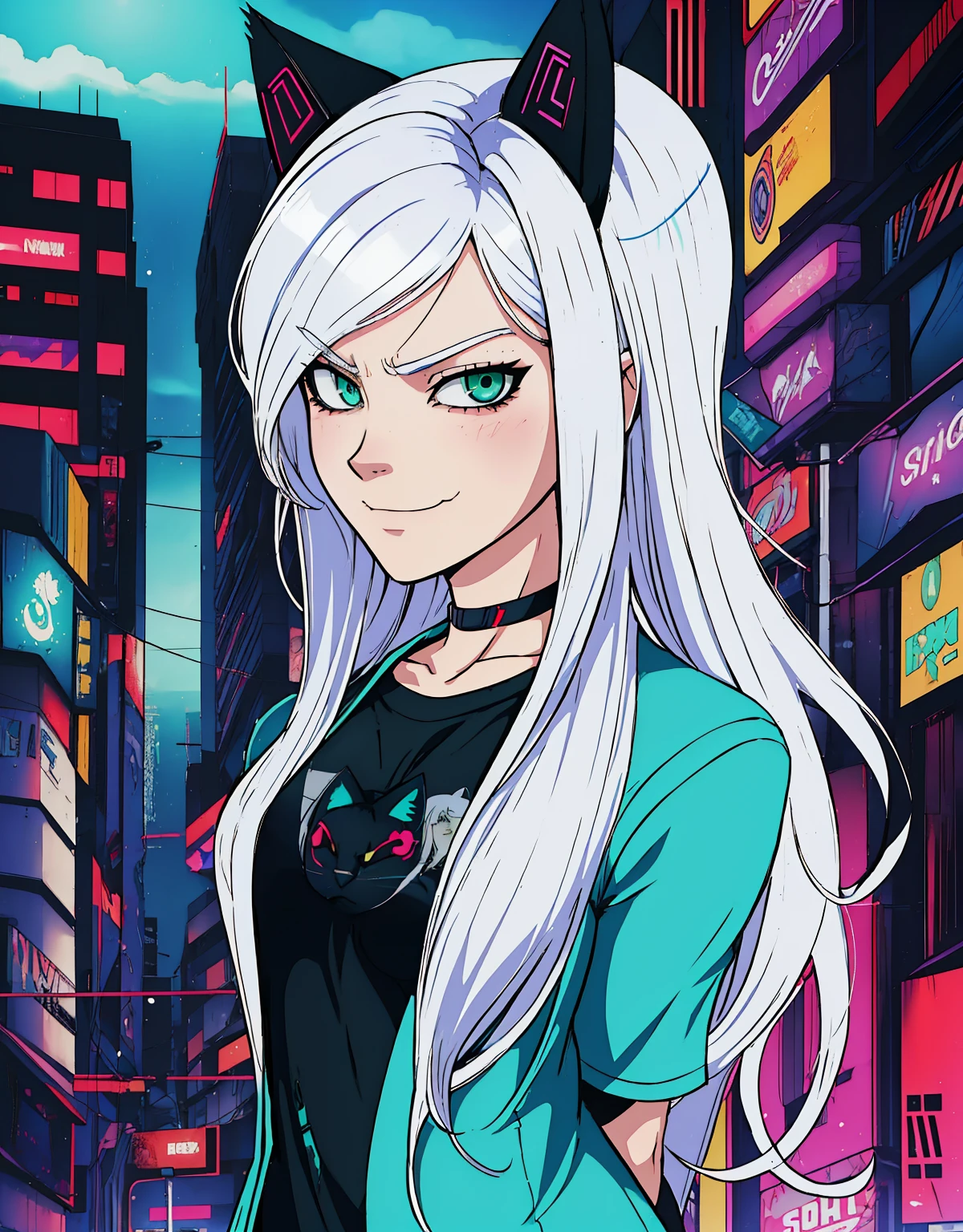 shadmanv1, anime girl, white hair, upper body, arms behind back, looking at viewer, smug, smirk, cyberpunk background, long hair, green eyes, black cat ears, blue and white t-shirt,