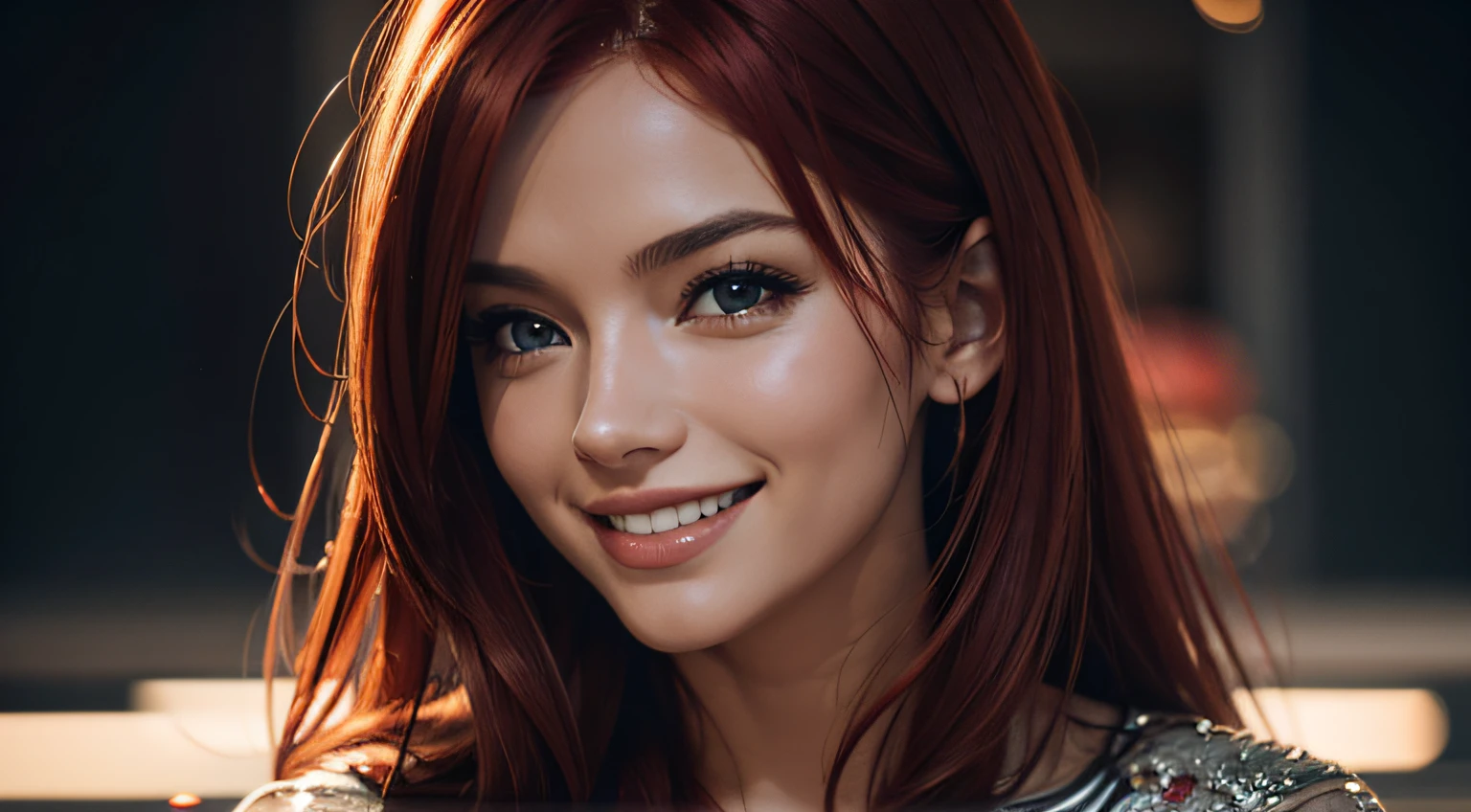 IMAGE OF A BEAUTIFUL, HAPPY AND SMILING RED HAIR WOMAN, nikon d850, film, stock photography, 4 Kodak Portra 400 cameras, f1.6 lens, rich colors, hyperrealistic, realistic texture, dramatic lighting, unreal engine, trending on ArtStation, cinestill 800, fisheye lens,CGSociety,ArtStation