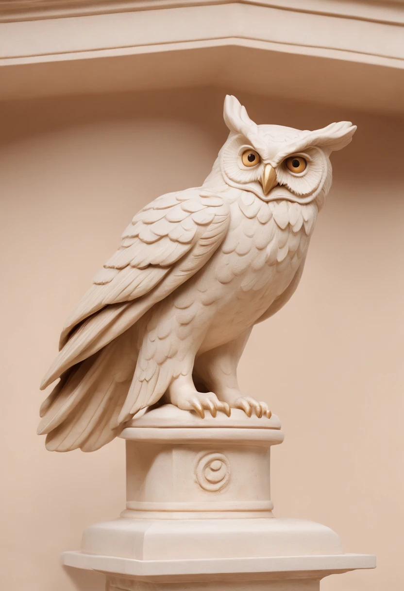 Describe a hyper-realistic owl statue logo, inspired by Greek mythology. The owl must be represented with detailed features, highlighting its wisdom and majesty. The owl must be positioned imposingly, with wings open and claws sharp, ready to protect its territory. Plumage details should be intricate, highlighting each feather, with realistic shadows to add depth. The logo background should contain classical Greek elements such as Ionic columns or architectural elements that fit harmoniously with the owl. The color palette should be rich and inspired by the colors of ancient Greek statues, with a touch of gold to add a divine glow to the image. The logo should convey a sense of wisdom, mystery and power, capturing the essence of the owl in Greek mythology.