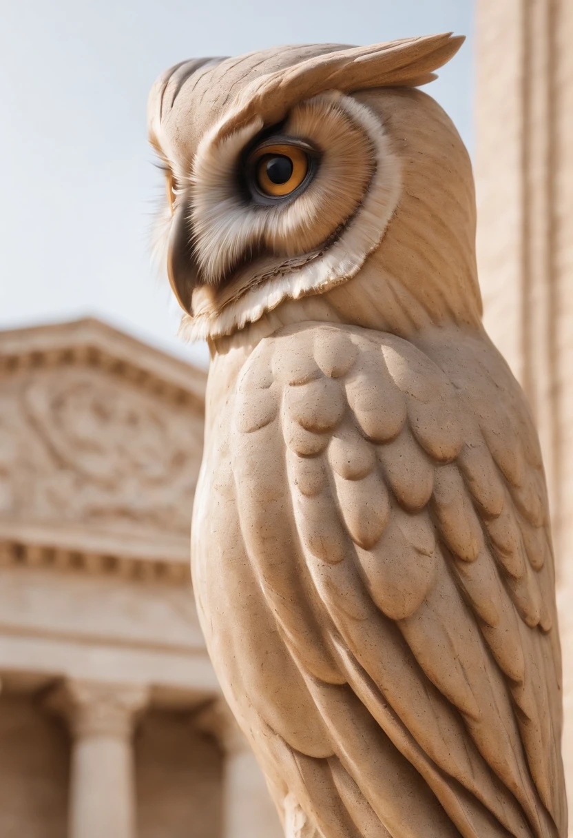Describe a hyper-realistic owl statue logo, inspired by Greek mythology. The owl must be represented with detailed features, highlighting its wisdom and majesty. The owl must be positioned imposingly, with wings open and claws sharp, ready to protect its territory. Plumage details should be intricate, highlighting each feather, with realistic shadows to add depth. The logo background should contain classical Greek elements such as Ionic columns or architectural elements that fit harmoniously with the owl. The color palette should be rich and inspired by the colors of ancient Greek statues, with a touch of gold to add a divine glow to the image. The logo should convey a sense of wisdom, mystery and power, capturing the essence of the owl in Greek mythology.