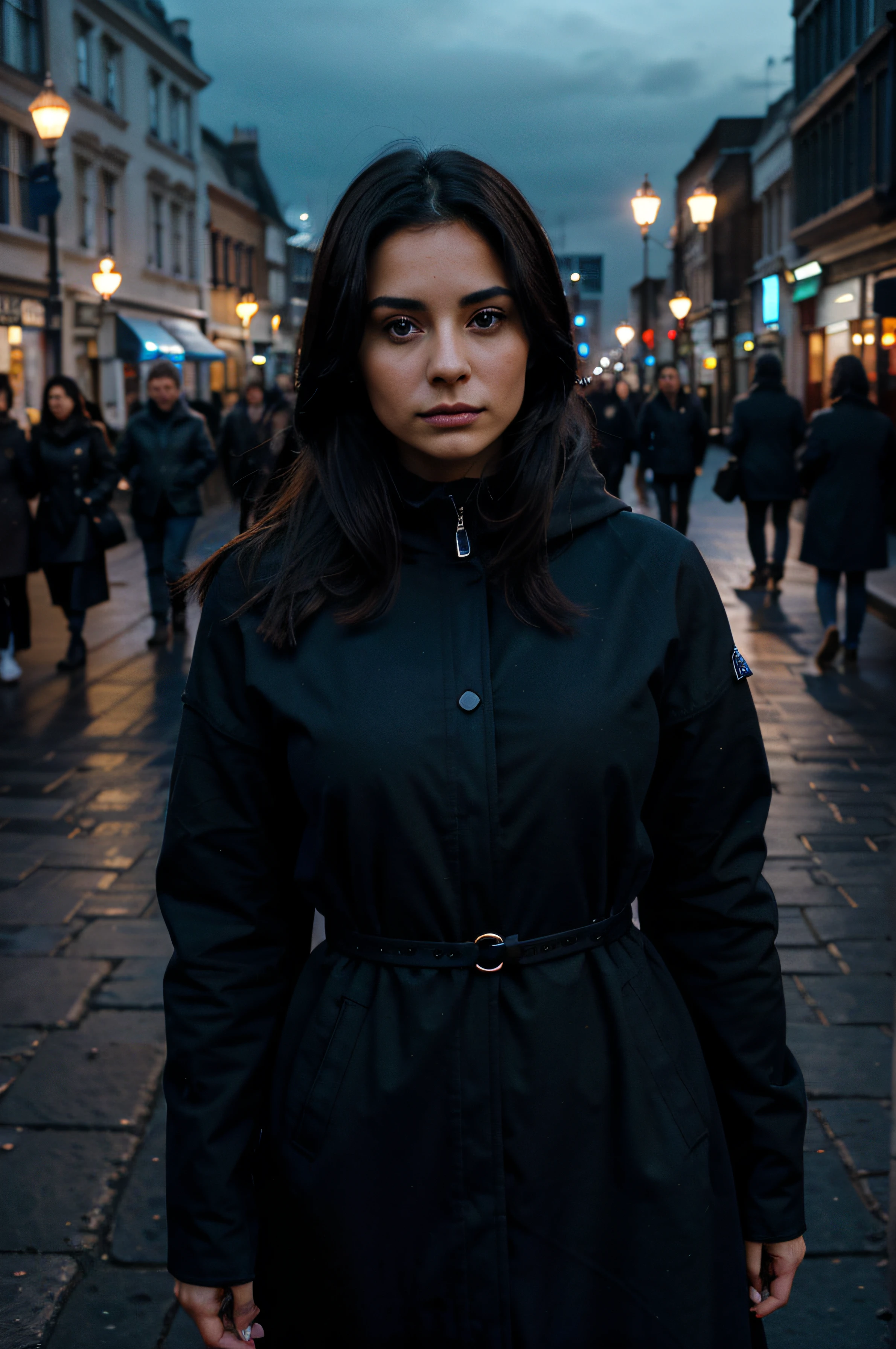 Mujer, 30 yrs old, hermosa, fearless, origen griego, Vestido victoriano negro con abrigo azul oscuro, ciudad de Londres