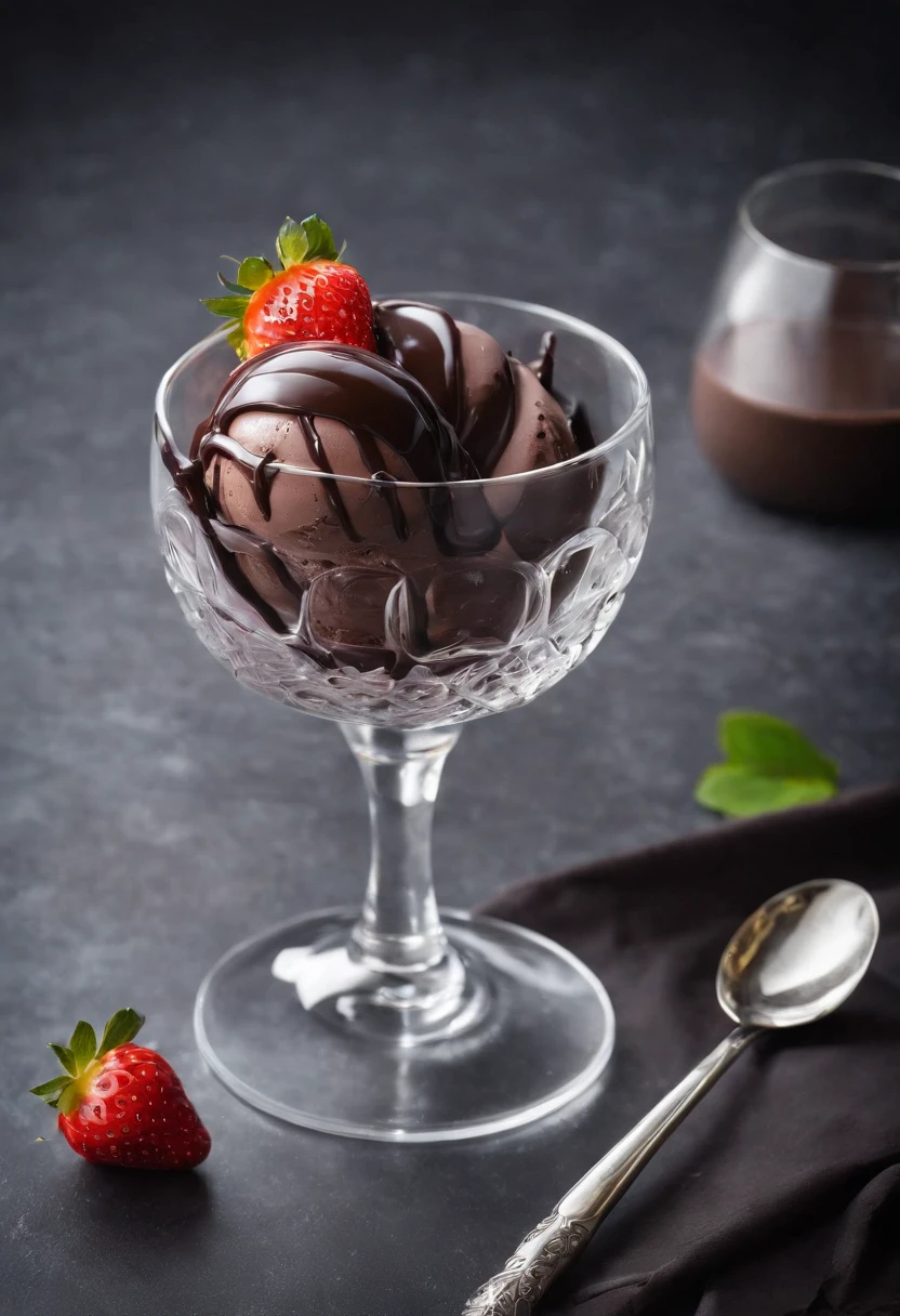 A glass ice cream bowl with chocolate and strawberry ice cream, covered in chocolate sauce, on top of a table.