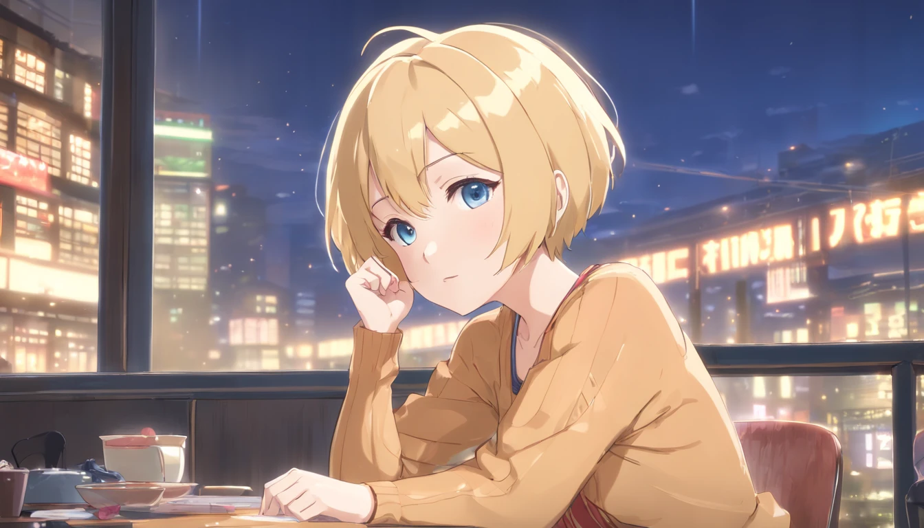 (short hair, blonde hair:1.5), blue eyes, sweating, glowing eyes, heavy breathing, breasts, 1girl, solo, looking_at_viewer, sitting, indoors, skirt, night, long_sleeves, ass, medium_breasts, jewelry, thighs, dutch_angle, pantyhose, chair, window, leaning_forward, large_breasts, blush, "Photorealistic, Hyperrealistic, Hyperdetailed, analog style, soft lighting, subsurface scattering, realistic, heavy shadow, masterpiece, best quality, ultra realistic, 8k, golden ratio, Intricate, High Detail, film photography, soft focus", sweating, steaming body, fog, (anime coloring, anime screencap:1.5)