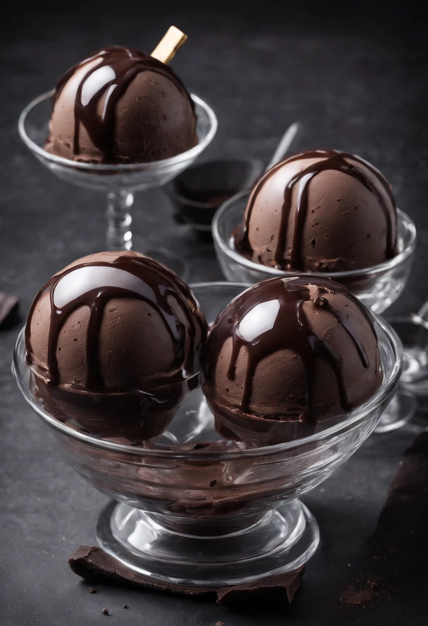 A glass ice cream bowl with three scoops of chocolate ice cream covered in chocolate syrup on a table.