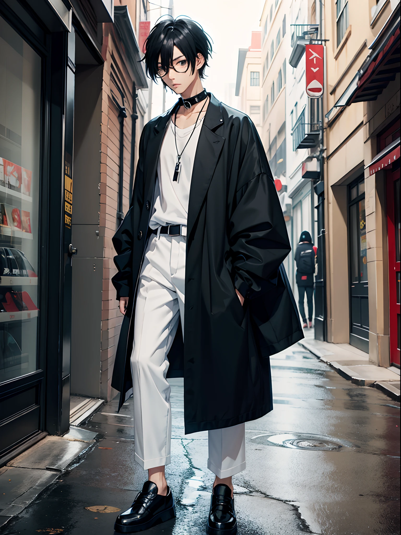 anime slim man with black hair, oversize streetstyle clothes