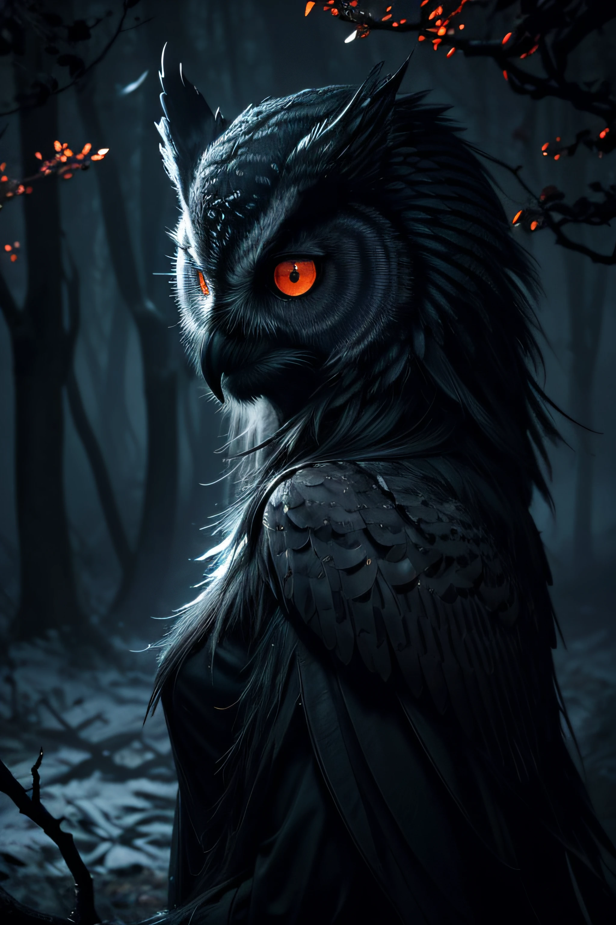 (best quality,highres,masterpiece:1.2),ultra-detailed,(realistic:1.37),dark fantasy,orange glowing eyes,beautiful detailed owl face,detailed feathers,gloomy atmosphere,dark forest,ominous moonlight,fierce look,blood-red beak,sharp talons,majestic wings,ancient trees,sinister shadows,dreamlike haze,mysterious aura,haunting beauty,enigmatic creature, mesmerizing gaze,eerie silence,enchanted night,whispering winds,enchanted moonbeams,otherworldly presence,ethereal glow,midnight bewitchment,mythical apparition,supernatural charm,dreadful elegance,enchanted symbol,ominous secrets,spellbinding enchantment,concealed power,surrealistic allure,vivid colors,luminescent highlights,moonlit branches