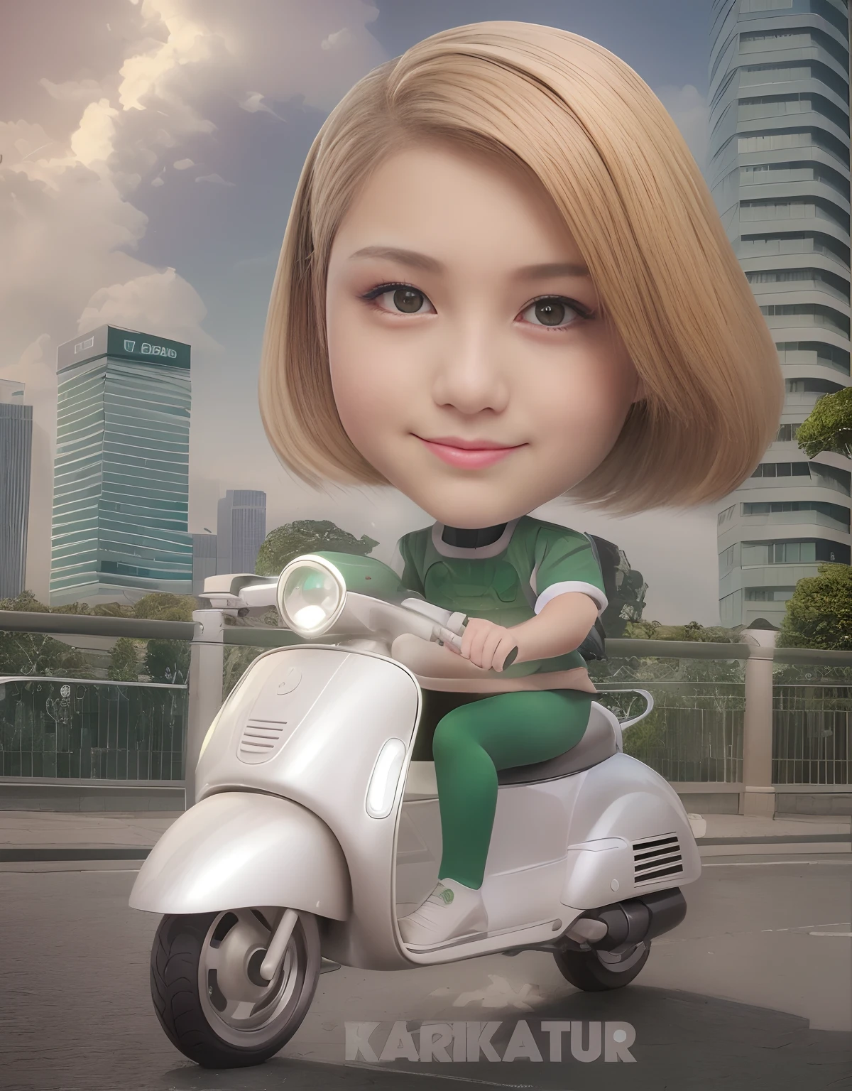 Highest image quality, outstanding details, ultra-high resolution, (realism: 1.4), the best illustration, favor details, highly condensed 1girl, with a delicate and beautiful face, dressed in a green and fuschia mecha, holding a directional controller, riding on a motorcycle, the background is a high-tech lighting scene of the future city.