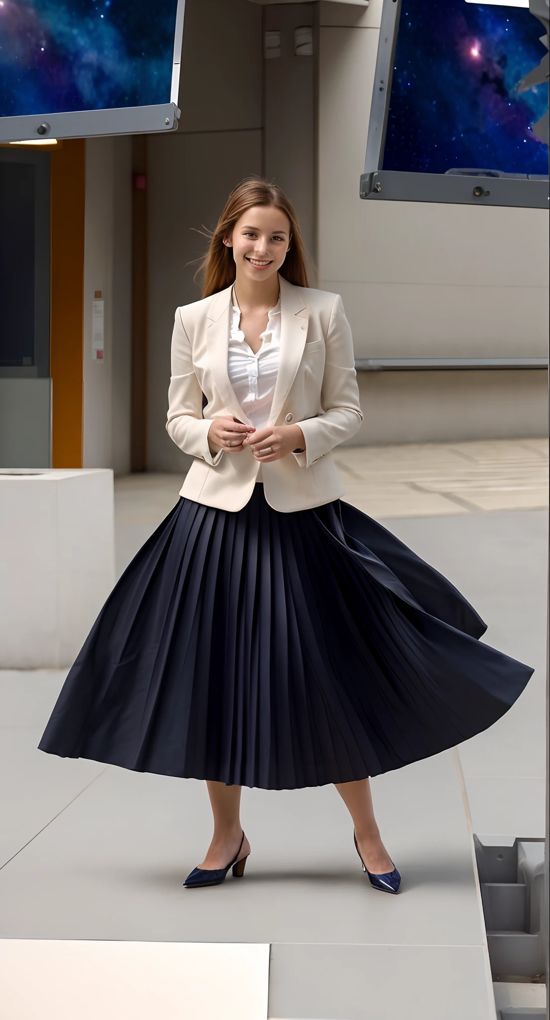 (shy:1,2) (smiling;1,1) woman playing with skirt, dancing, wearing short blazer and very very detailed (long (fully pleated) full circle skirt) and (simple) low heeled office shoes, very very intricate hyper-detailed symmetric (attractive graceful young feminine face) with (sad, tired eyes and a shy smile), large breasts, full of empathy and compassion and love, (pronounced (feminine) features), (highly detailed ultra accurate realistic) hands and fingers, (windy conditions and wind blowing), epic composition, highly detailed attributes, highly detailed space station background, (35mm f1.4 Kodak portra 400 photograph), extremely high quality RAW photograph,